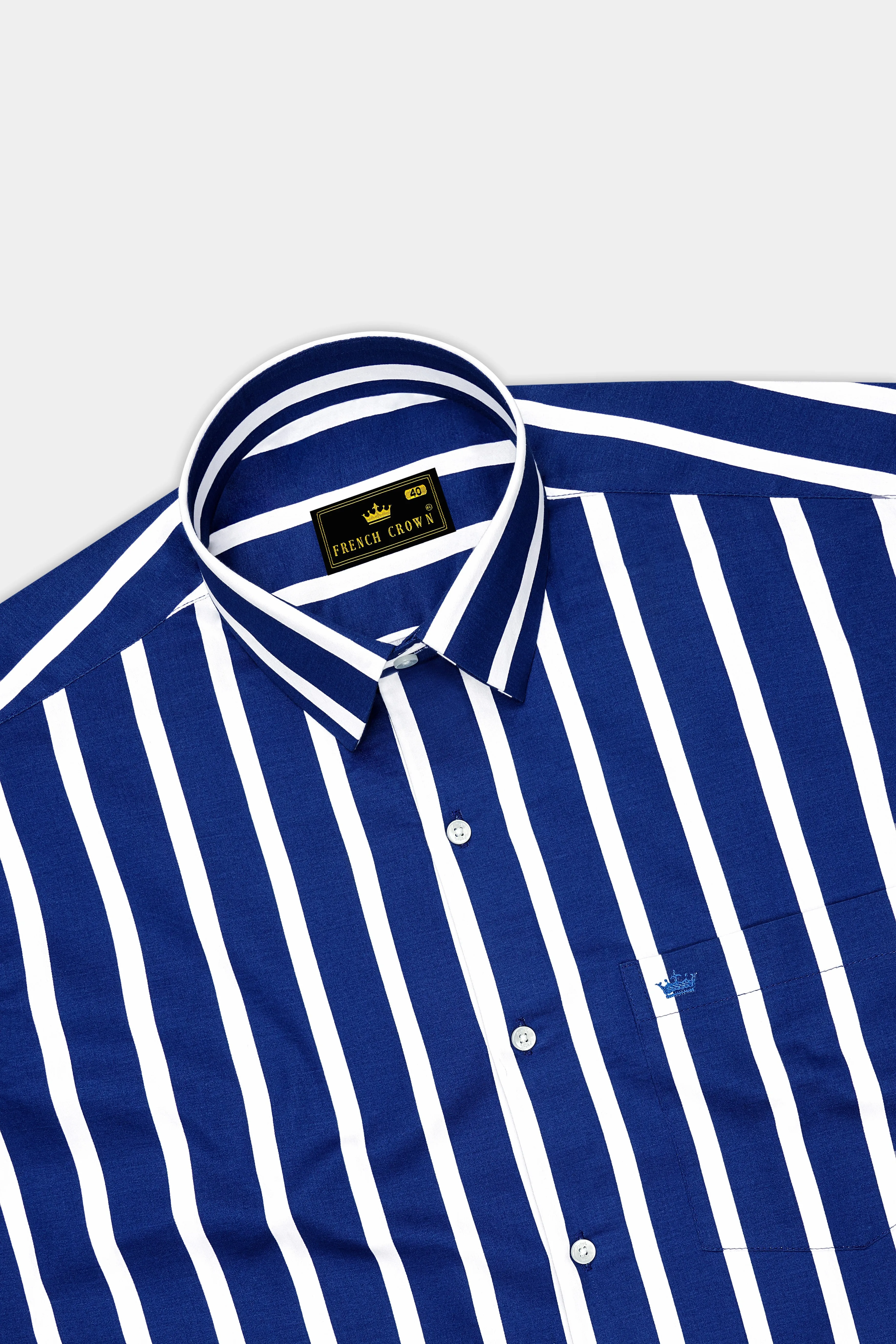Marivon-Chambray Blue And Bright White Awning Striped Subtle Sheen Super Soft Premium Cotton Dress Shirt sold by French Crown product image thumbnail 5