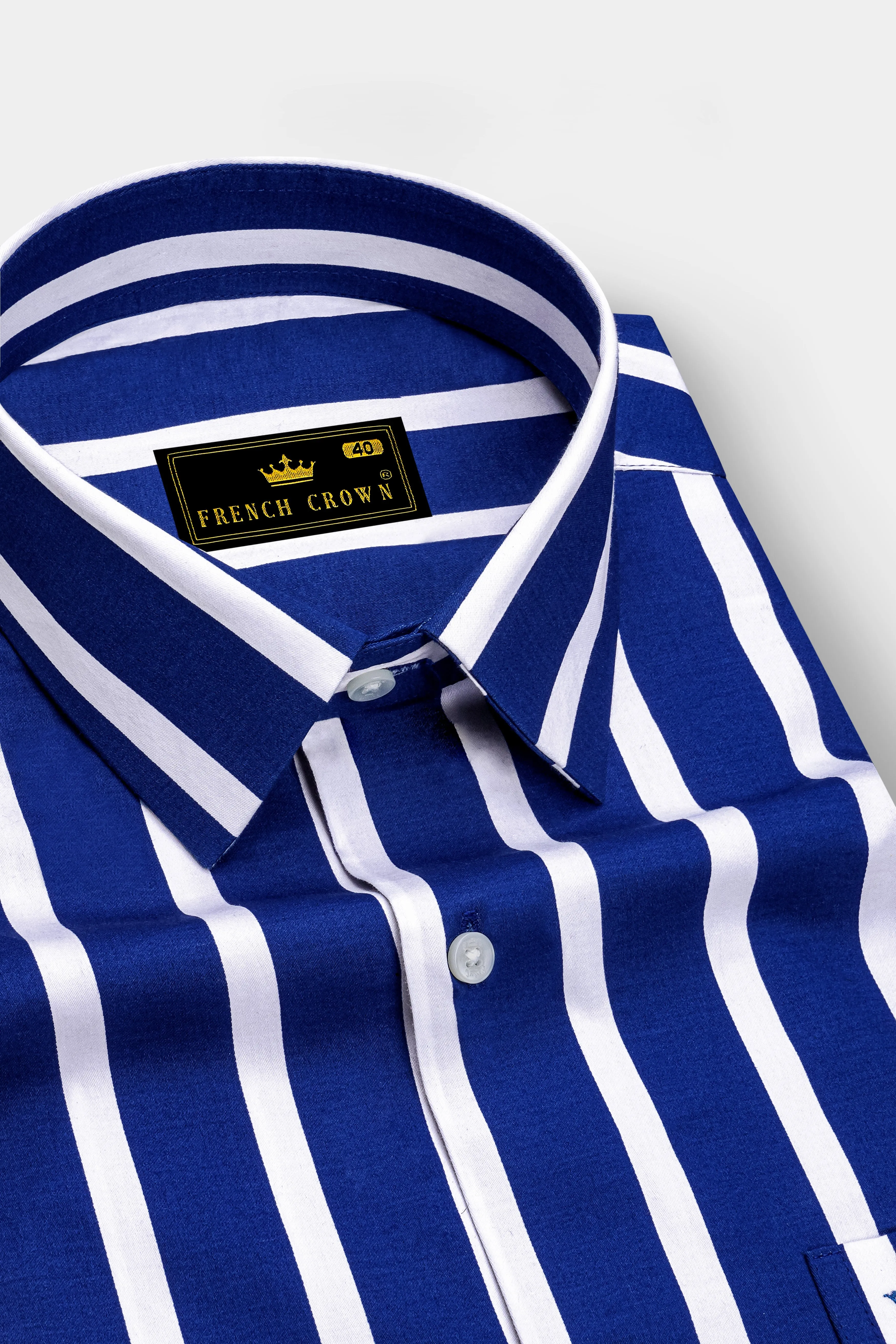 Marivon-Chambray Blue And Bright White Awning Striped Subtle Sheen Super Soft Premium Cotton Dress Shirt sold by French Crown product image thumbnail 2