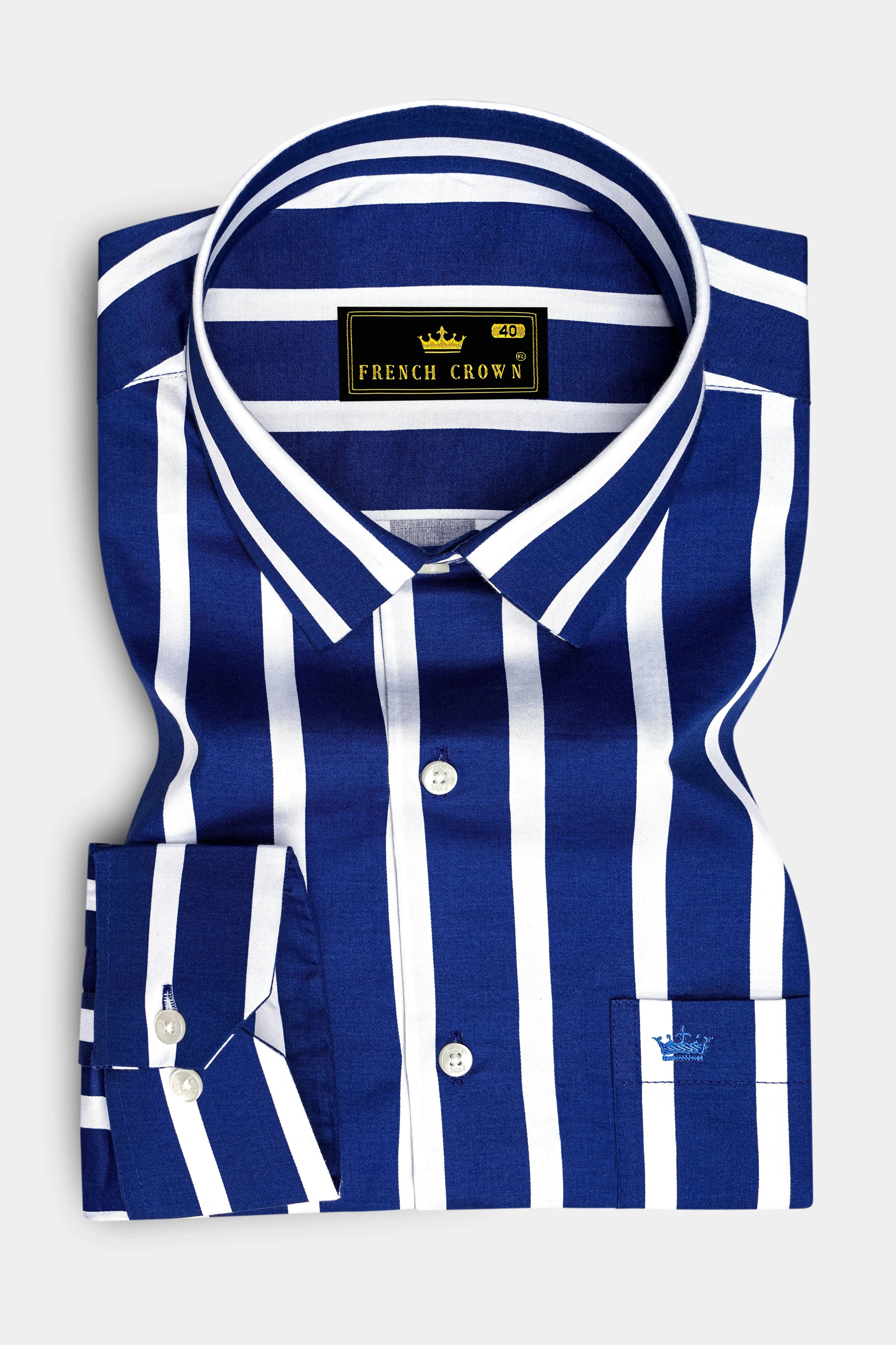 Marivon-Chambray Blue And Bright White Awning Striped Subtle Sheen Super Soft Premium Cotton Dress Shirt sold by French Crown product image thumbnail 4