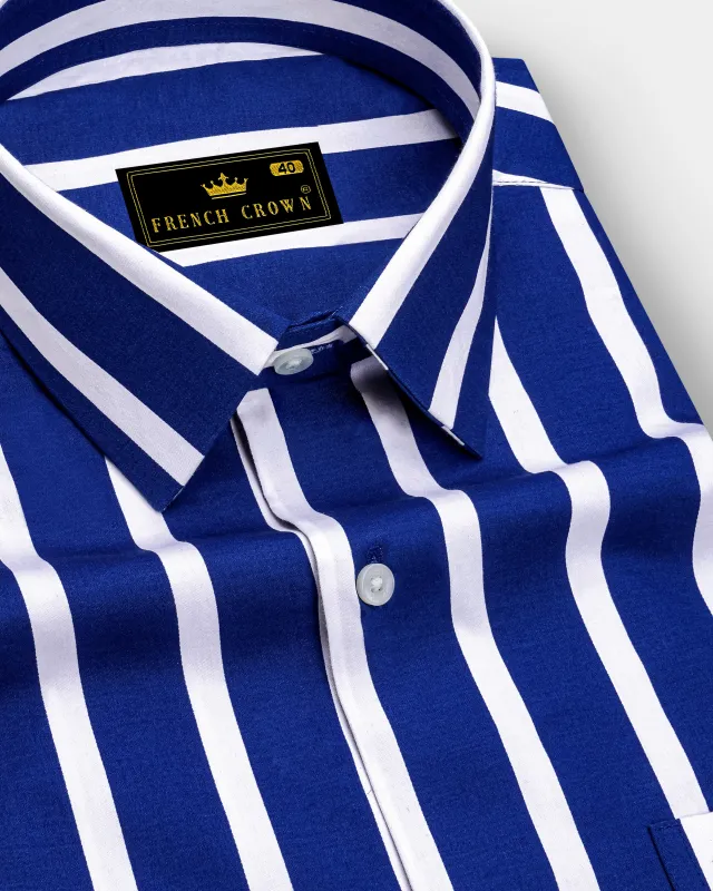 Marivon-Chambray Blue And Bright White Awning Striped  Subtle Sheen Super Soft Premium Cotton Dress Shirt sold by French Crown