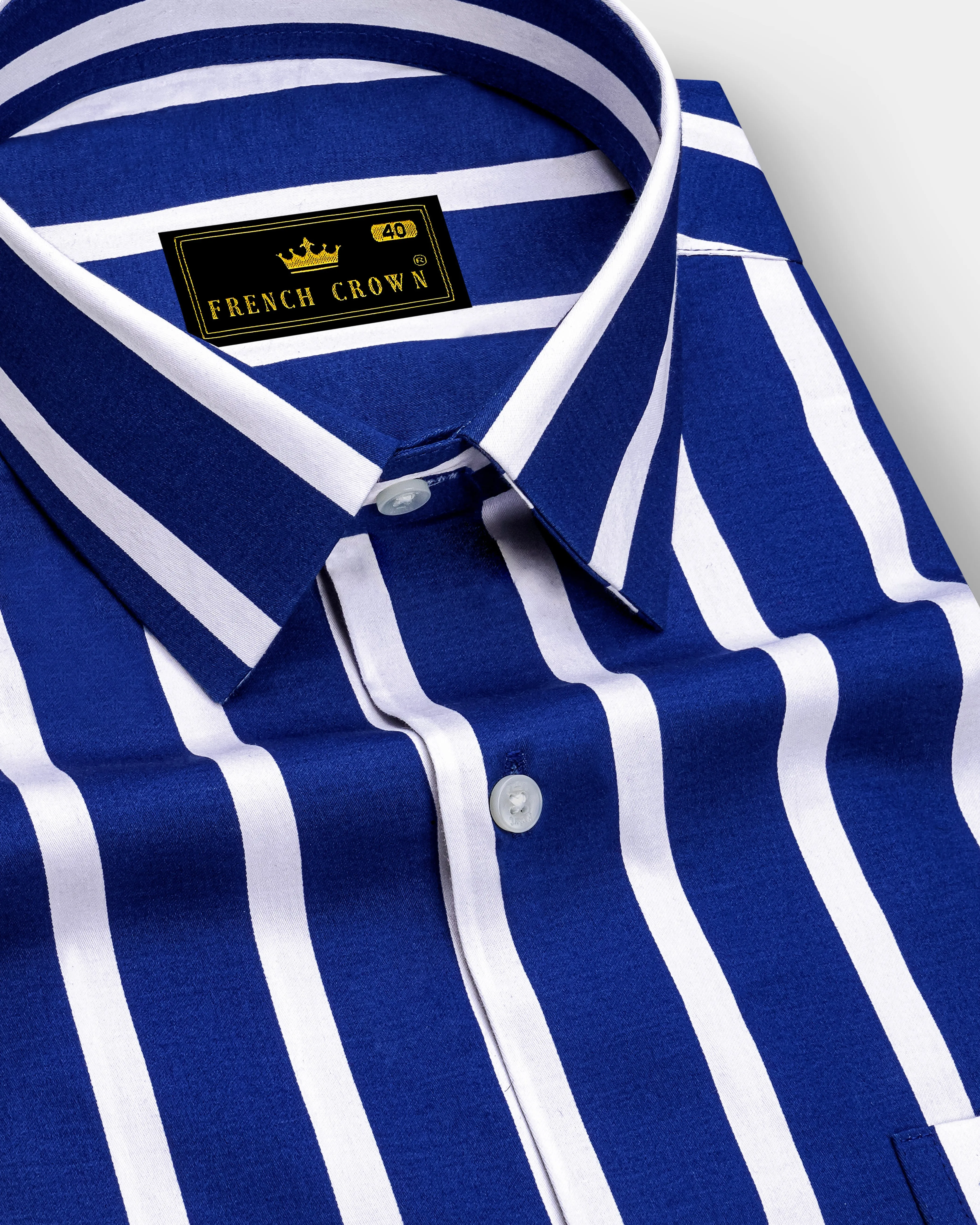 Marivon-Chambray Blue And Bright White Awning Striped Subtle Sheen Super Soft Premium Cotton Dress Shirt sold by French Crown