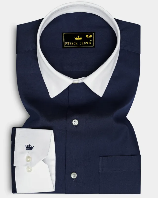 Bleunoir-Midnight Blue Subtle Sheen Super Soft Premium White Cuff Collar Dress Shirt sold by French Crown