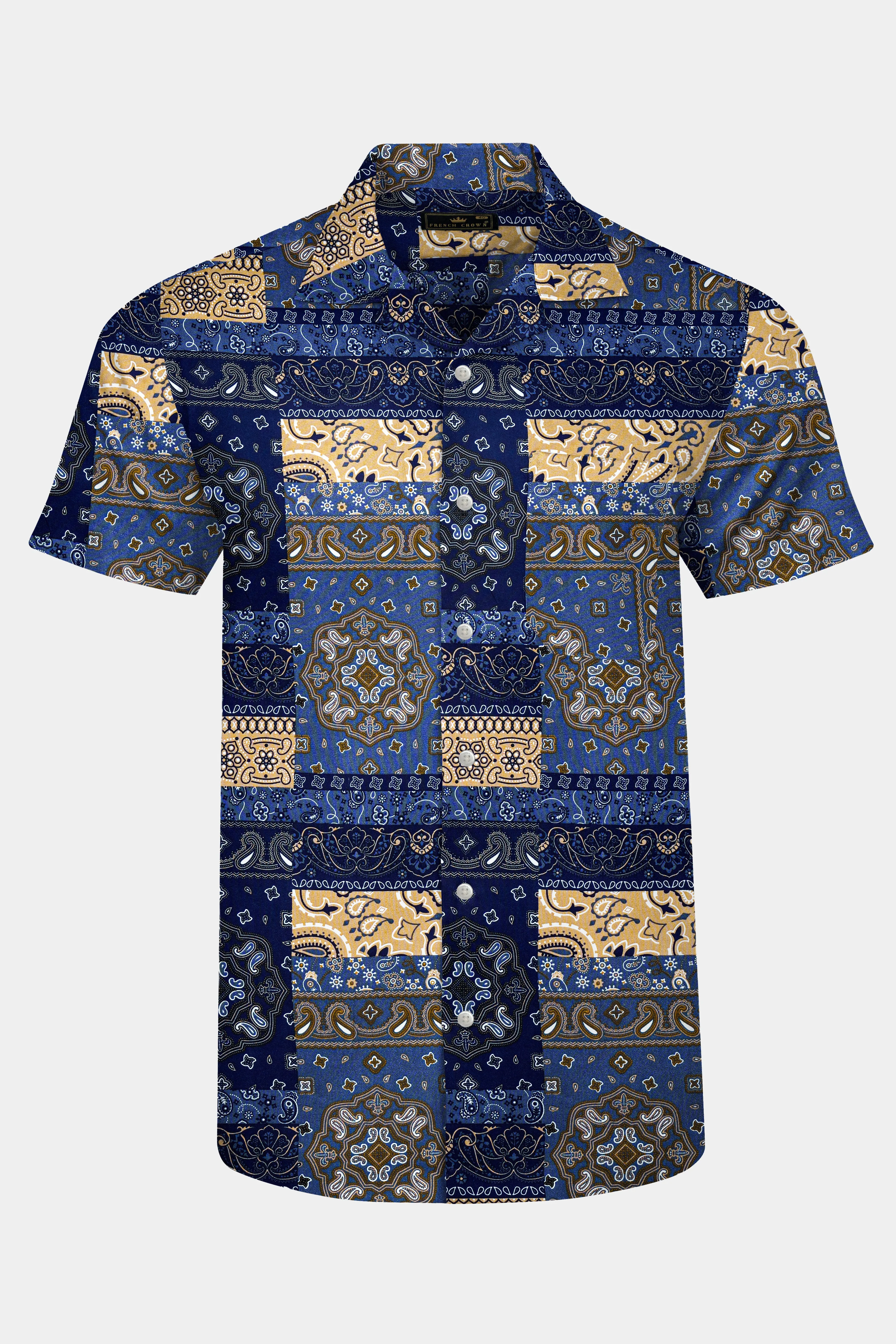 Azurune-Yale Blue And Sand Dune Brown Tiled Paisley Printed Super Soft Tencel Casual Shirts sold by French Crown product image thumbnail 2
