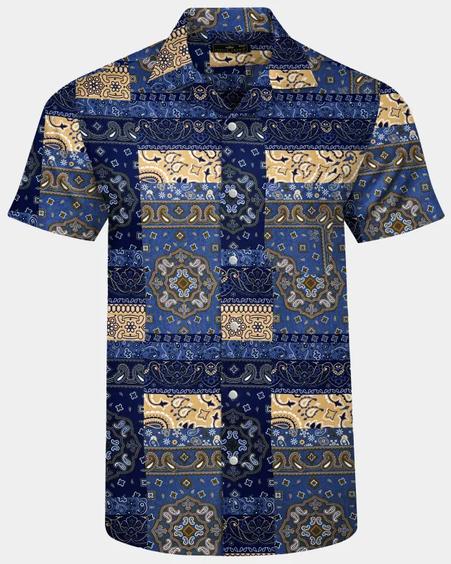 Azurune-Yale Blue And Sand Dune Brown Tiled Paisley Printed Super Soft Tencel Casual Shirts made by French Crown