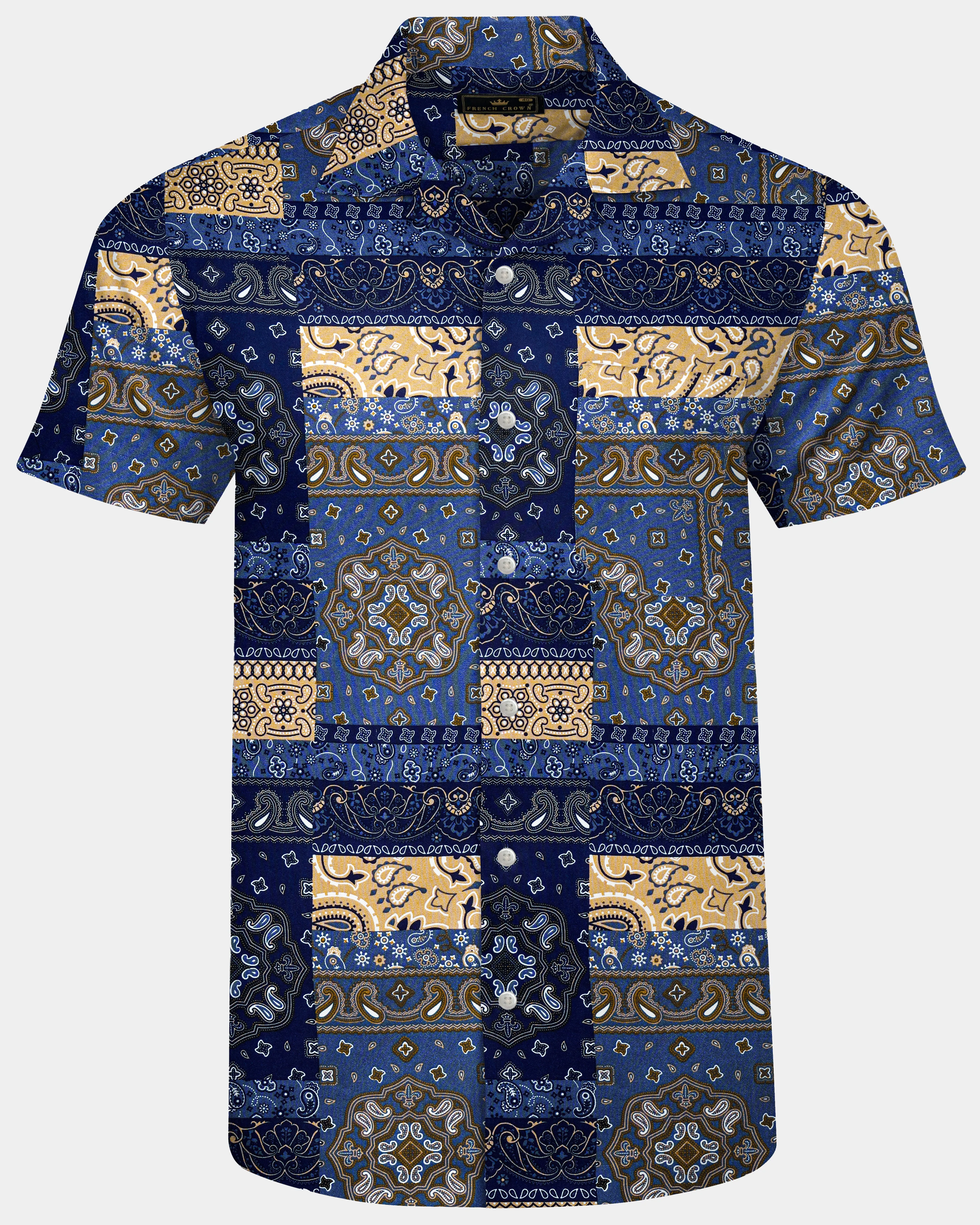 Azurune-Yale Blue And Sand Dune Brown Tiled Paisley Printed Super Soft Tencel Casual Shirts sold by French Crown