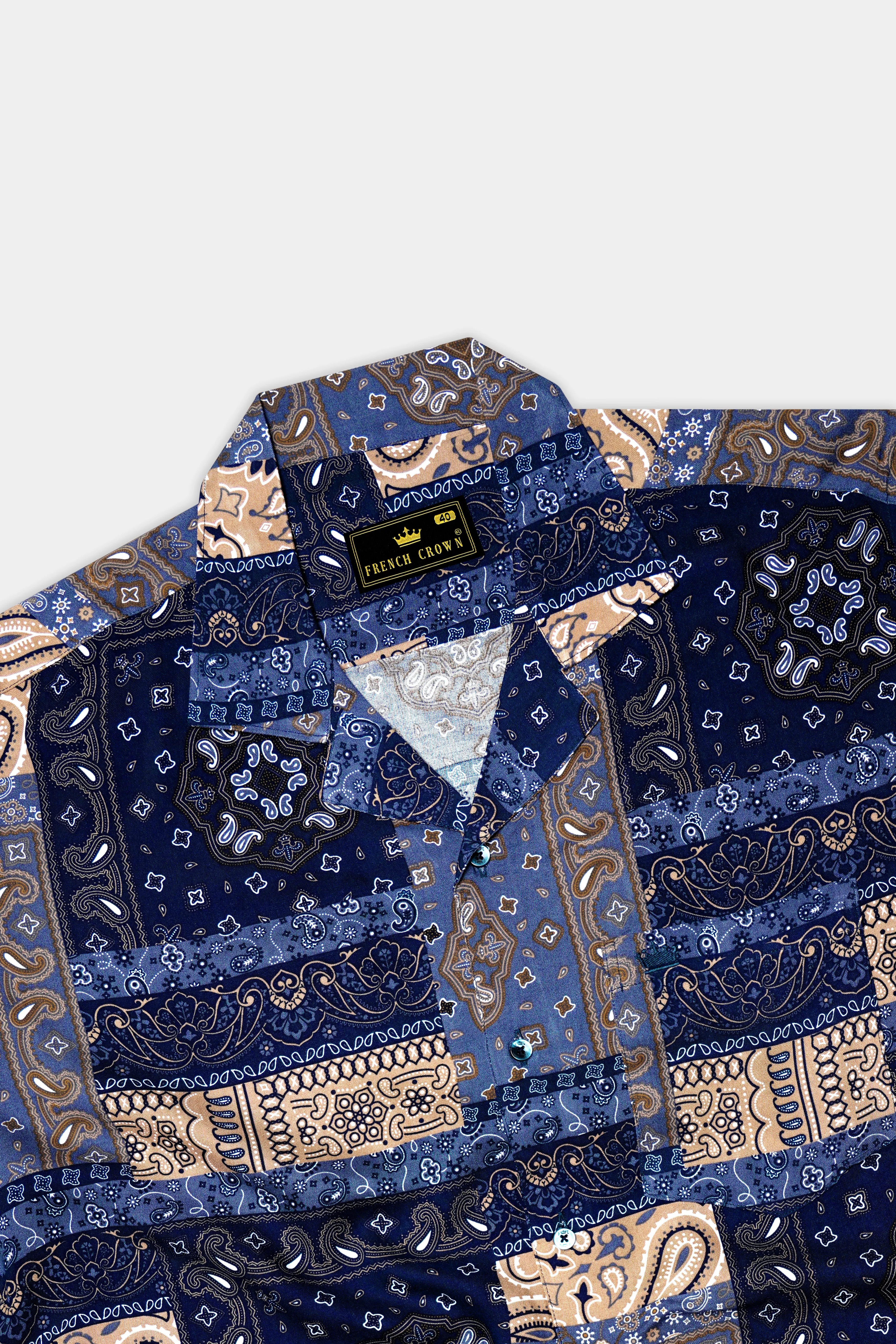 Azurune-Yale Blue And Sand Dune Brown Tiled Paisley Printed Super Soft Tencel Casual Shirts sold by French Crown product image thumbnail 5