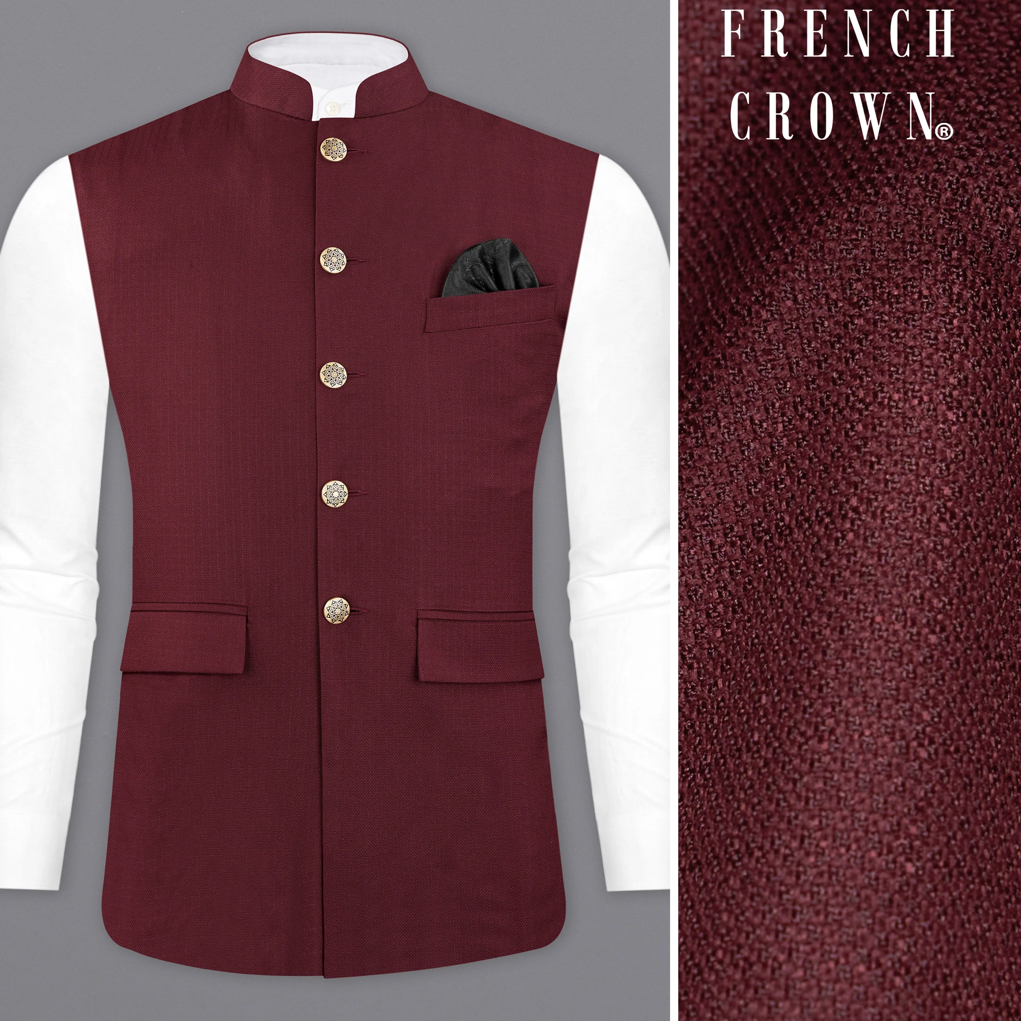 Maroon Textured Nehru Jacket sold by French Crown