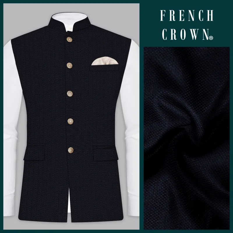 Indigo Prestige-French Navy Textured Wool Rich Nehru Jacket sold by French Crown