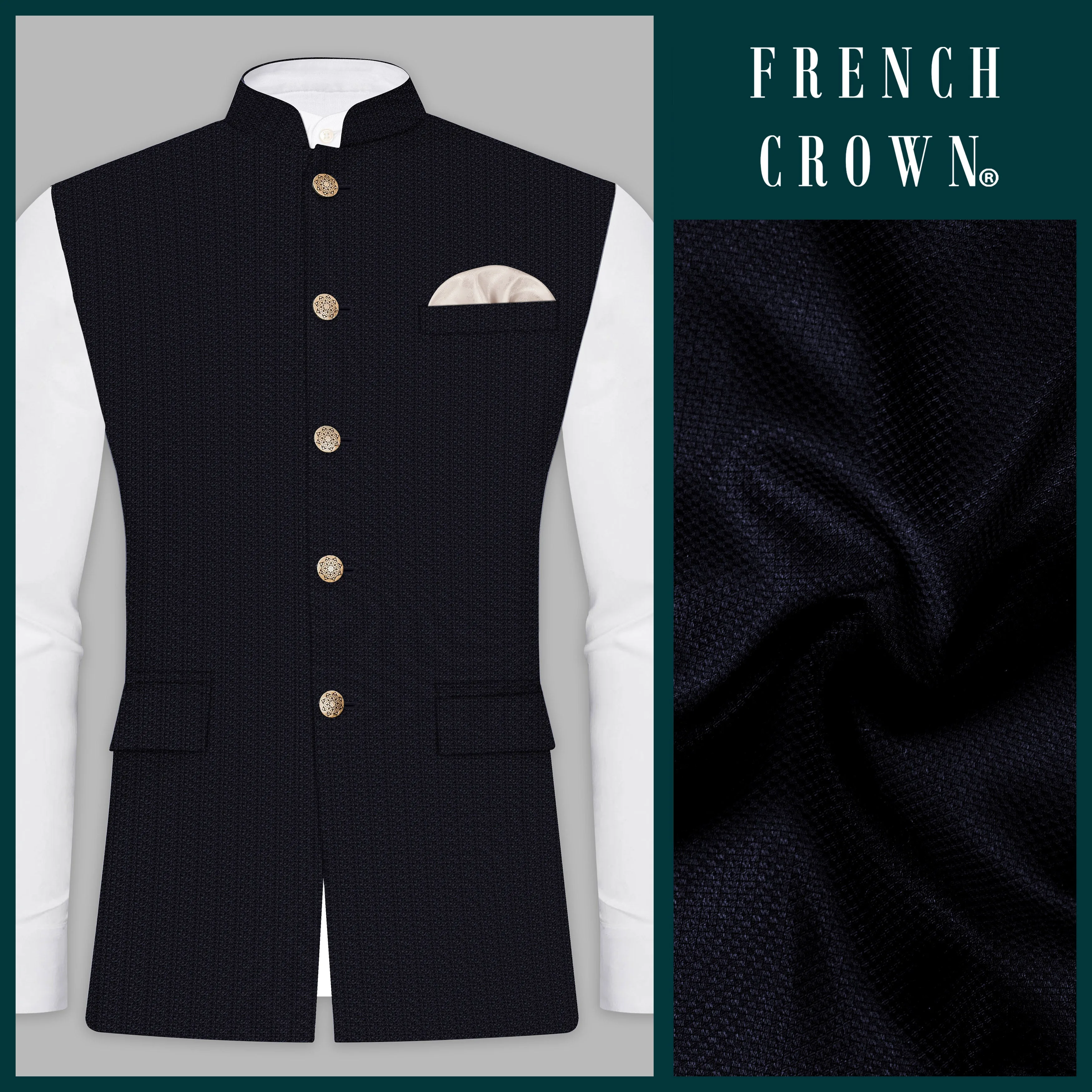 Indigo Prestige-French Navy Textured Wool Rich Nehru Jacket sold by French Crown