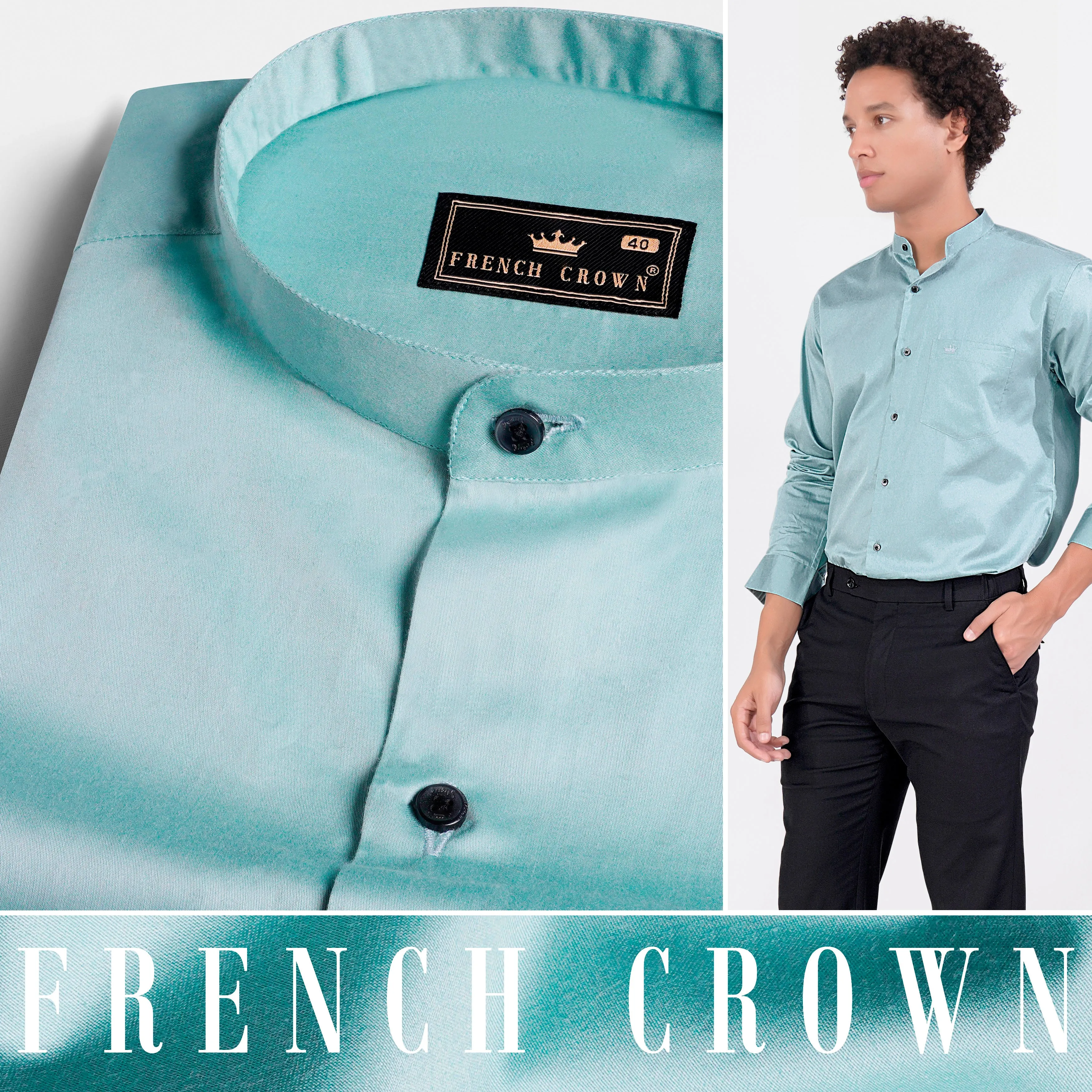 Neptune Blue Subtle Sheen Super Soft Premium Cotton Mandarin Shirt sold by French Crown product image thumbnail 4