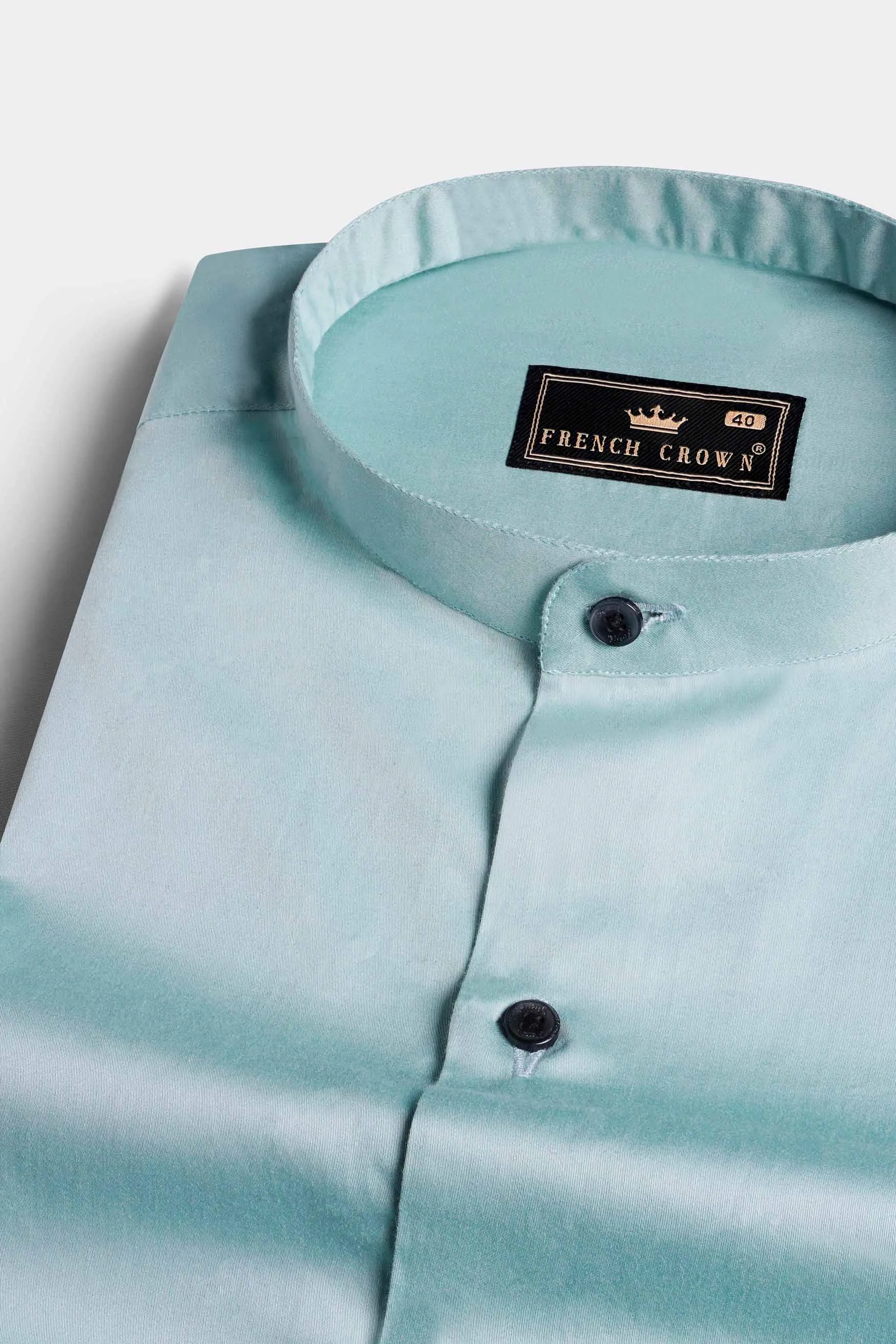 Neptune Blue Subtle Sheen Super Soft Premium Cotton Mandarin Shirt sold by French Crown