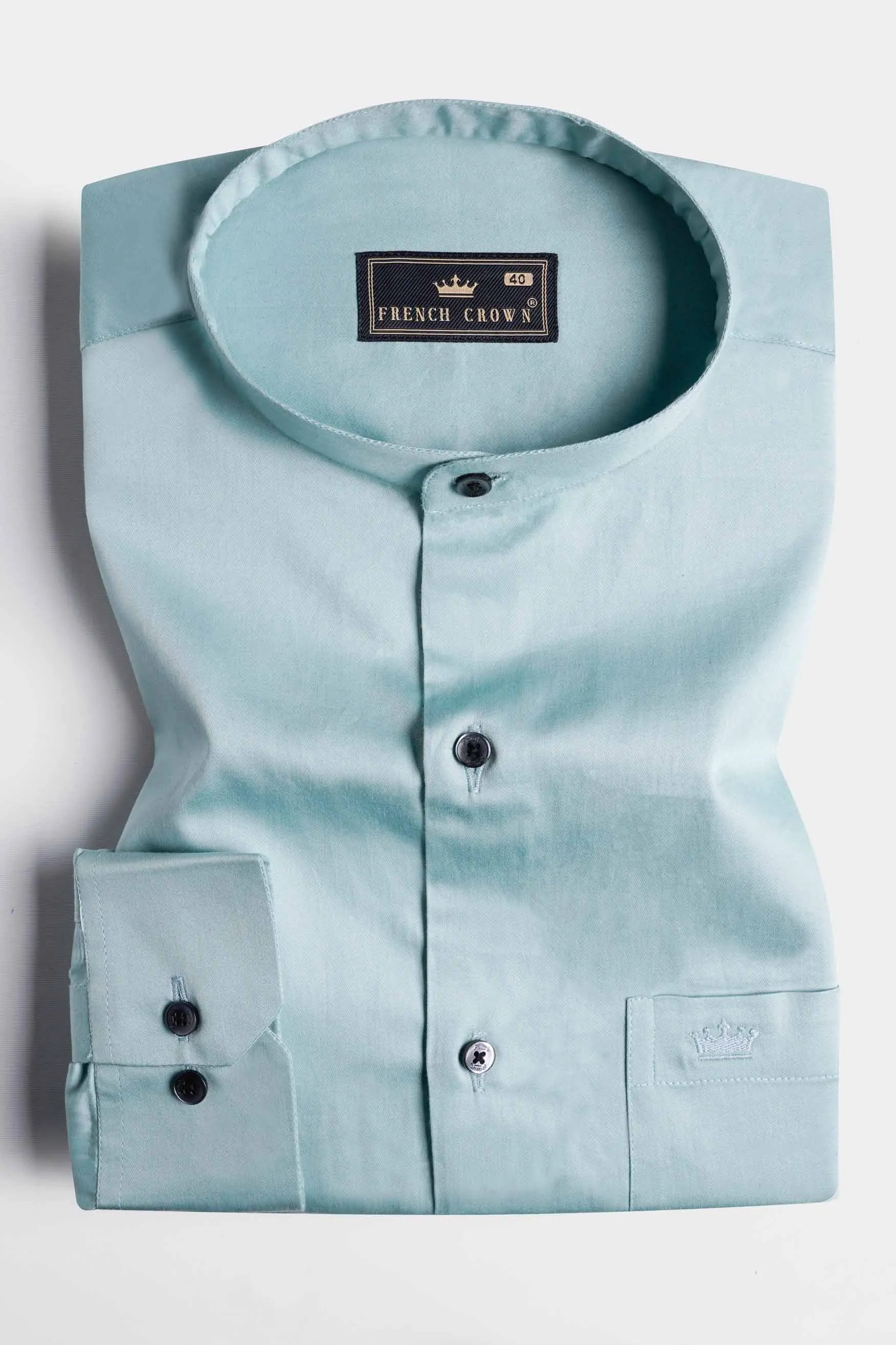 Neptune Blue Subtle Sheen Super Soft Premium Cotton Mandarin Shirt sold by French Crown product image thumbnail 3