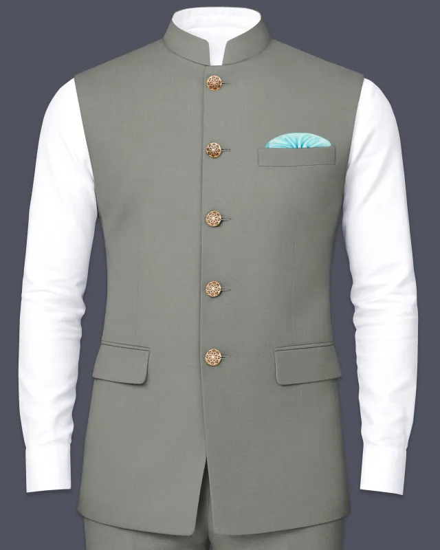 Verdure-Sage Green Wool Rich Slight Stretch Nehru Jacket sold by French Crown