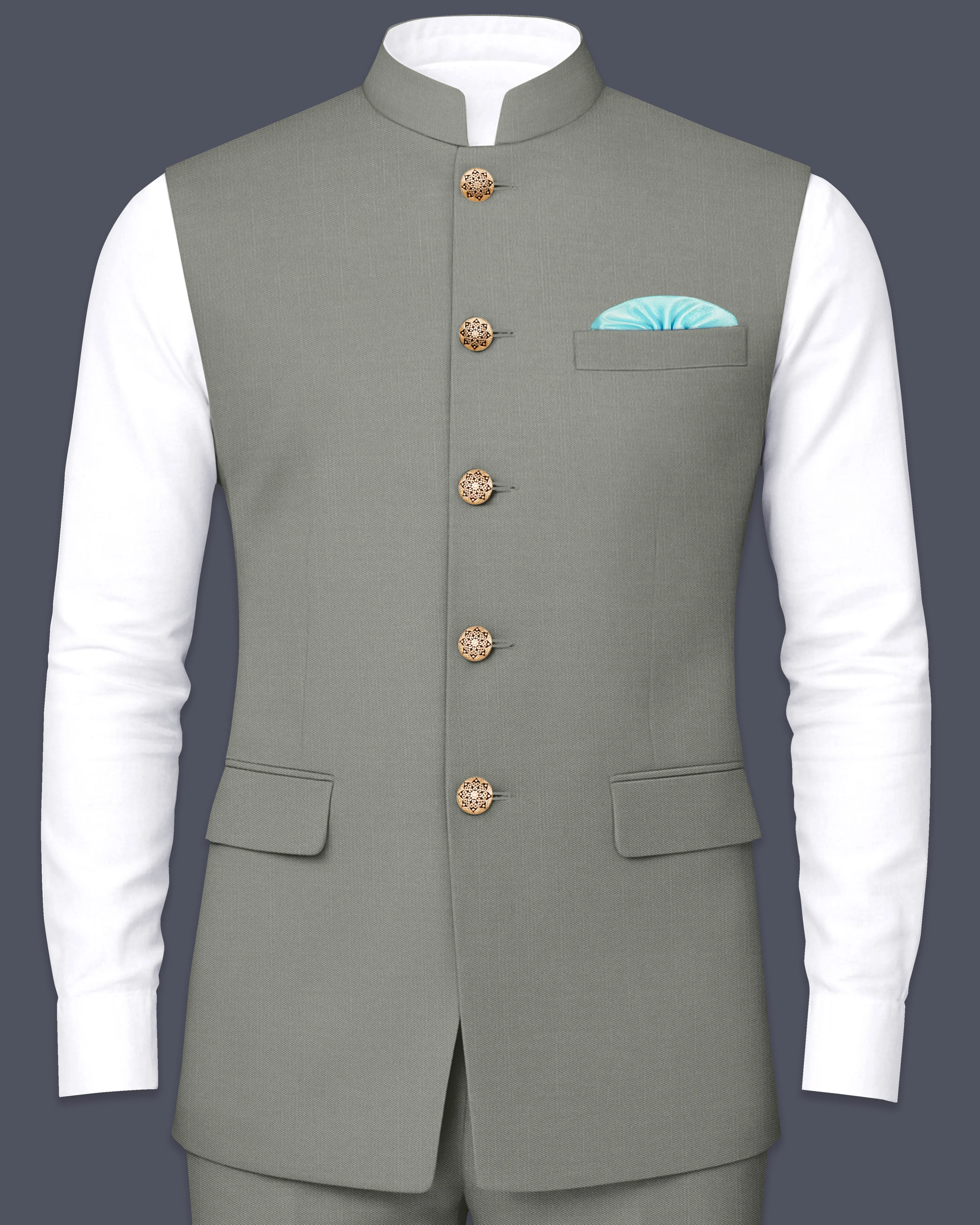 Verdure-Sage Green Wool Rich Slight Stretch Nehru Jacket sold by French Crown