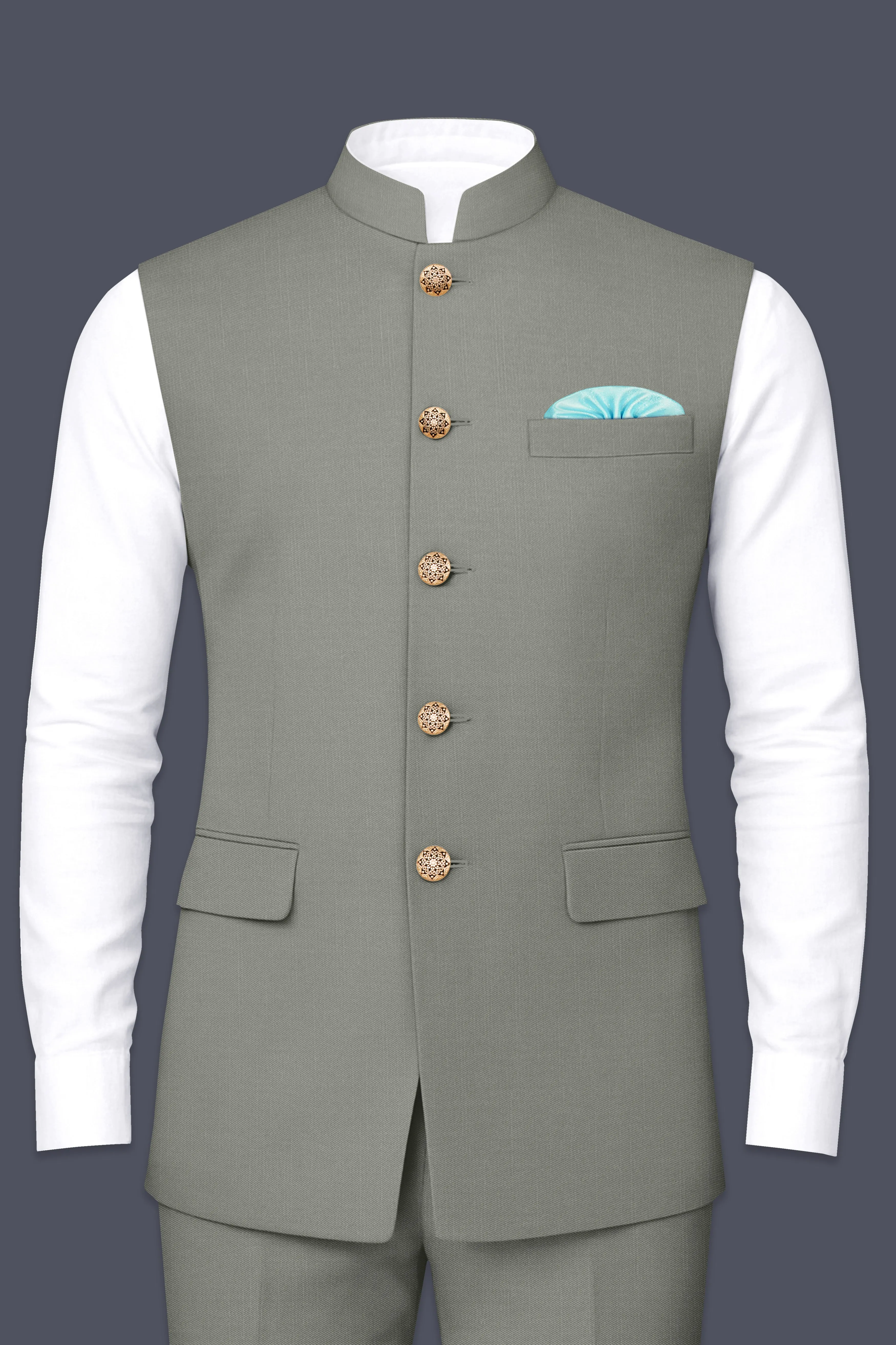 Verdure-Sage Green Wool Rich Slight Stretch Nehru Jacket sold by French Crown product image thumbnail 2