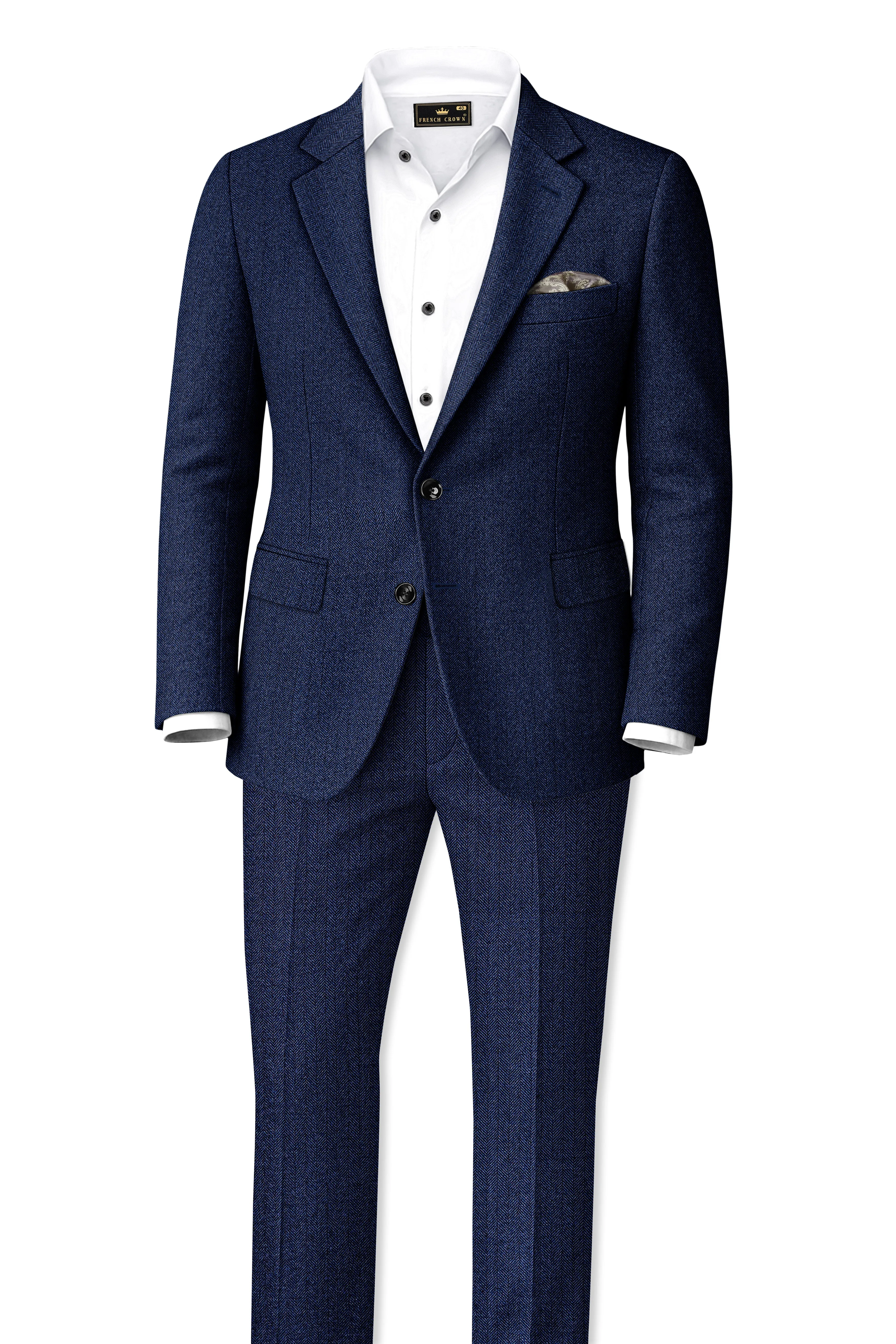 Aurevu-Vulcan Blue Herringbone Textured Tweed Single Breasted Suits sold by French Crown product image thumbnail 4