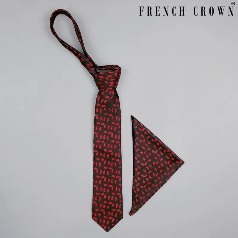 Cocoa Brown with Cardinal Paisleys Patterned Tie and Pocket Square made by French Crown