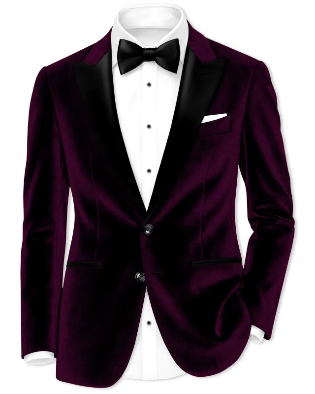 Merlot-Asphalt Wine Purple Velvet Peak Lapel Tuxedo Blazer made by French Crown