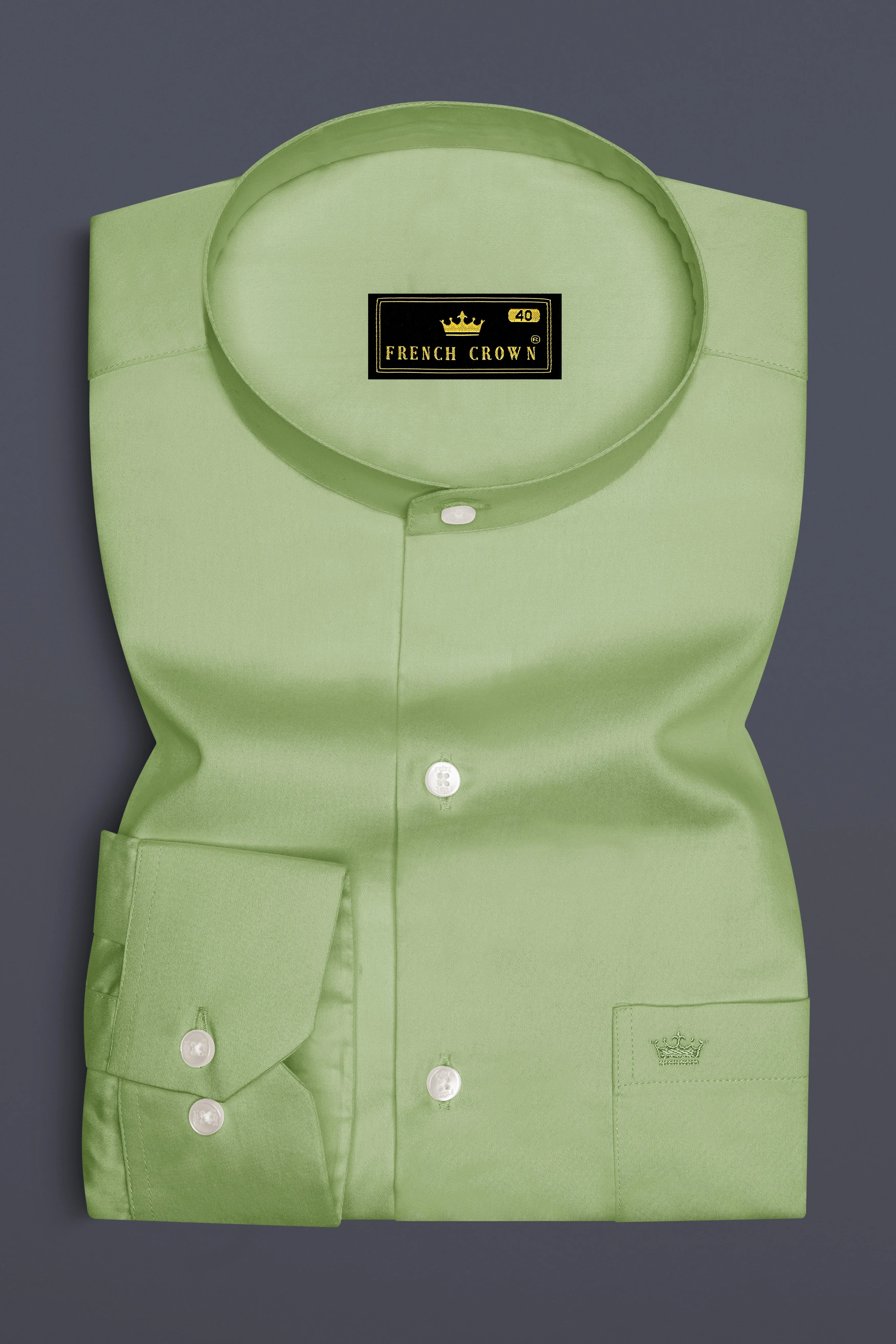 Verdan-Tan Green Subtle Sheen Super Soft Premium Cotton Mandarin Dress Shirt sold by French Crown product image thumbnail 4