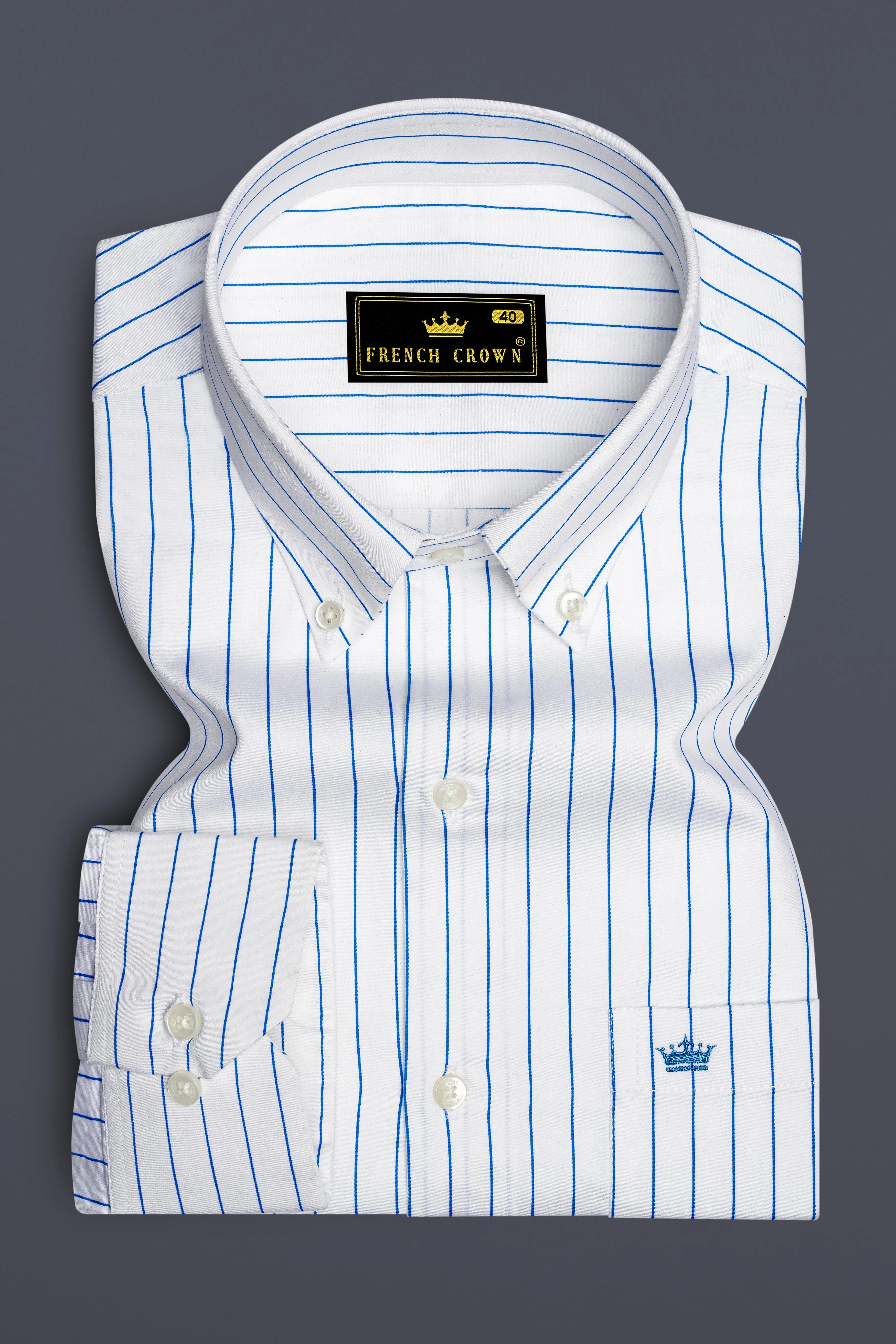 Azurline-Bright White And Havelock Blue Pin Striped Subtle Sheen Super Soft Premium Cotton Button Down Collar Dress Shirt sold by French Crown product image thumbnail 4
