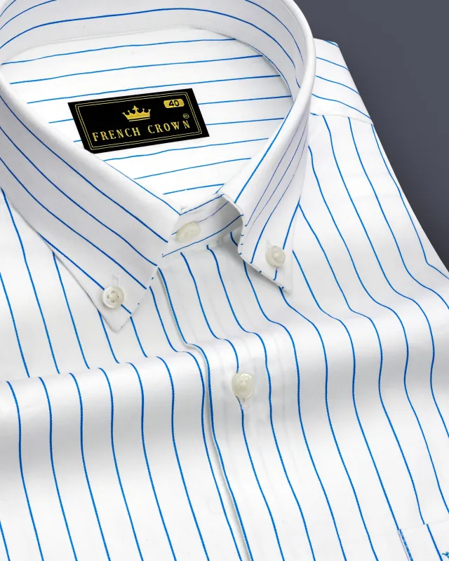 Azurline-Bright White And Havelock Blue Pin Striped Subtle Sheen Super Soft Premium Cotton Button Down Collar Dress Shirt made by French Crown