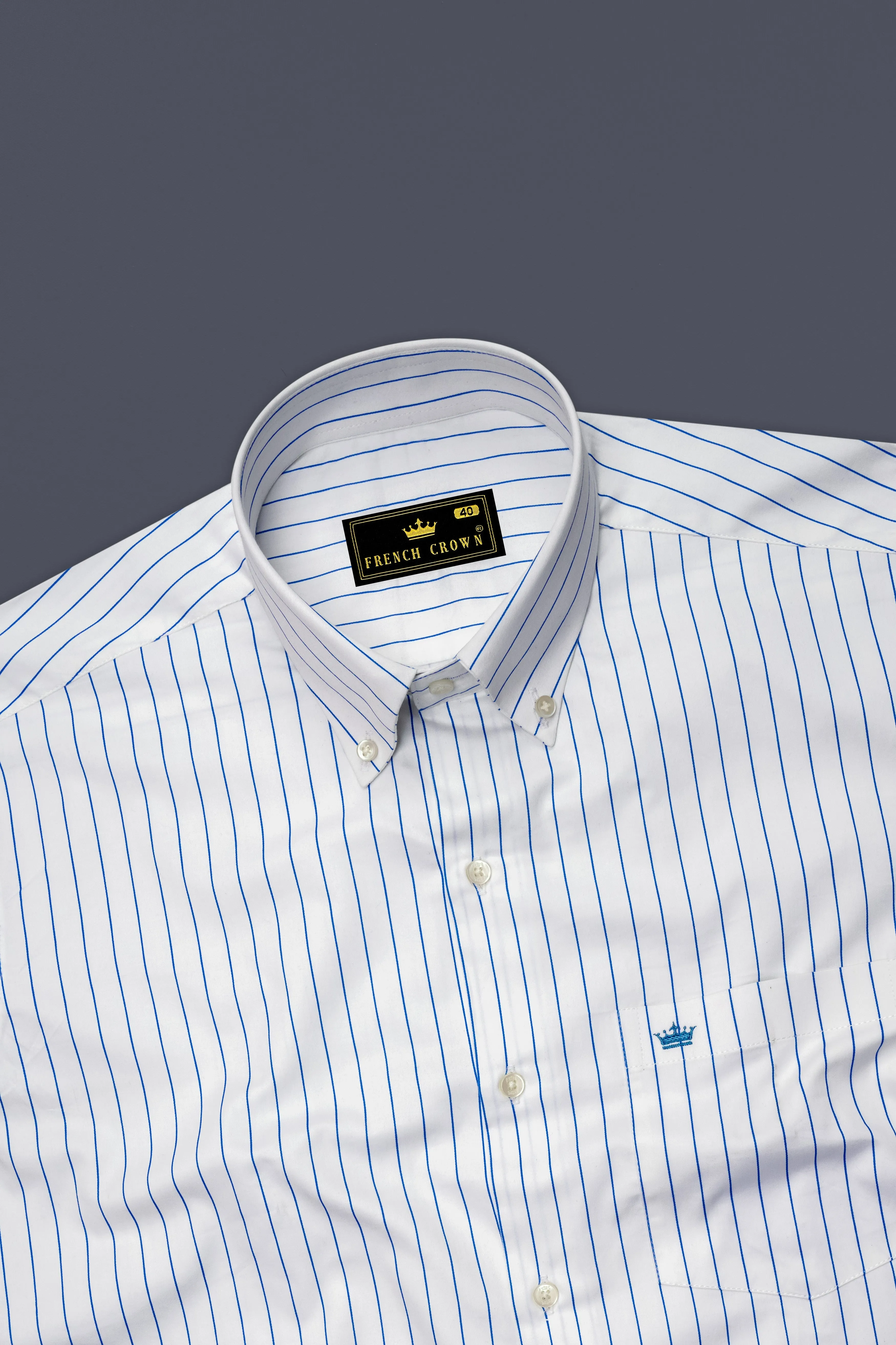 Azurline-Bright White And Havelock Blue Pin Striped Subtle Sheen Super Soft Premium Cotton Button Down Collar Dress Shirt sold by French Crown product image thumbnail 5