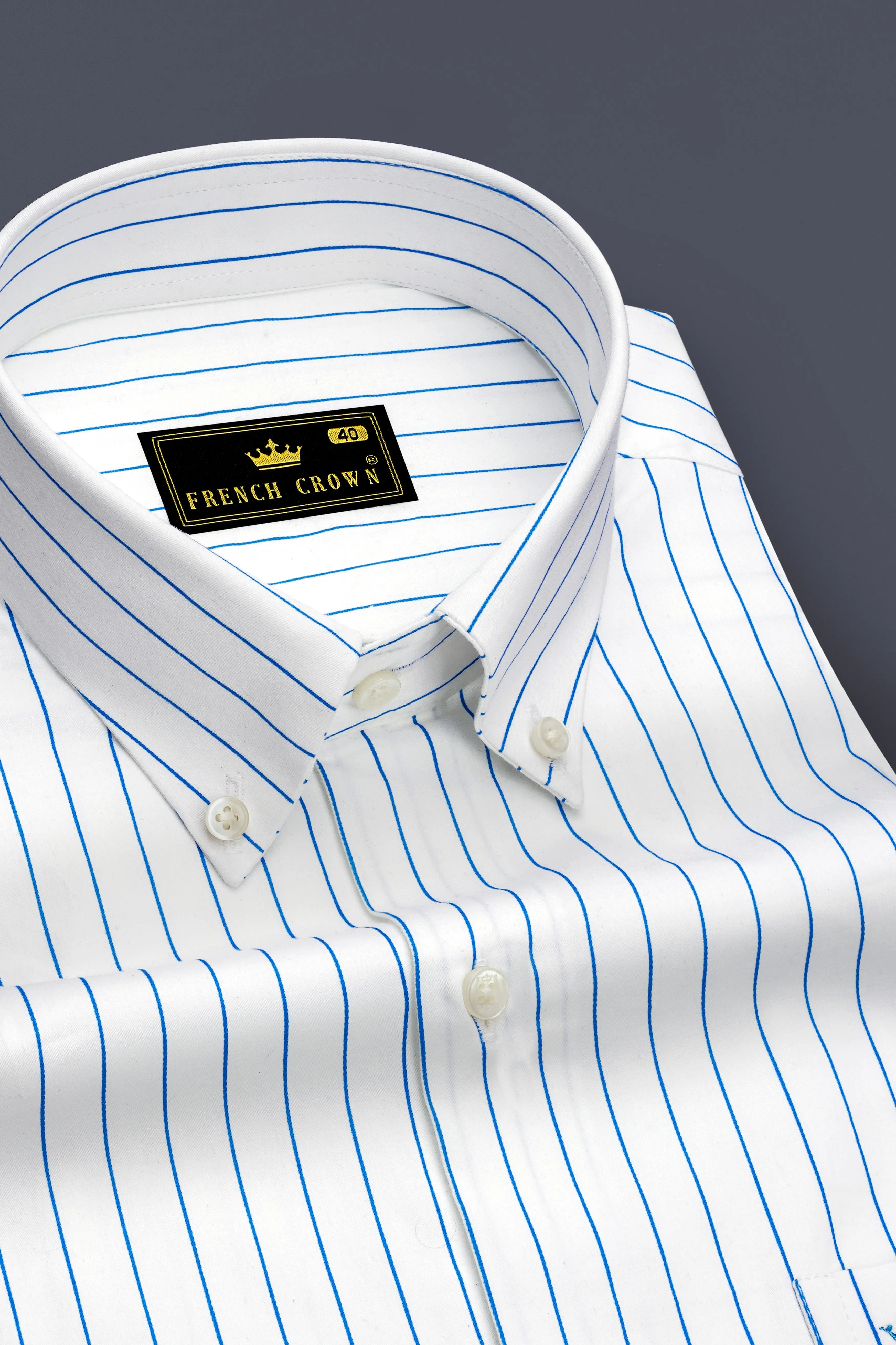 Azurline-Bright White And Havelock Blue Pin Striped Subtle Sheen Super Soft Premium Cotton Button Down Collar Dress Shirt sold by French Crown product image thumbnail 2