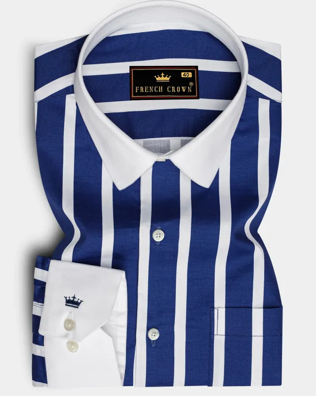 Marivon-Chambray Blue And Bright White Awning Striped Super Soft Premium Cotton Dress White Cuff Collar Shirt sold by French Crown