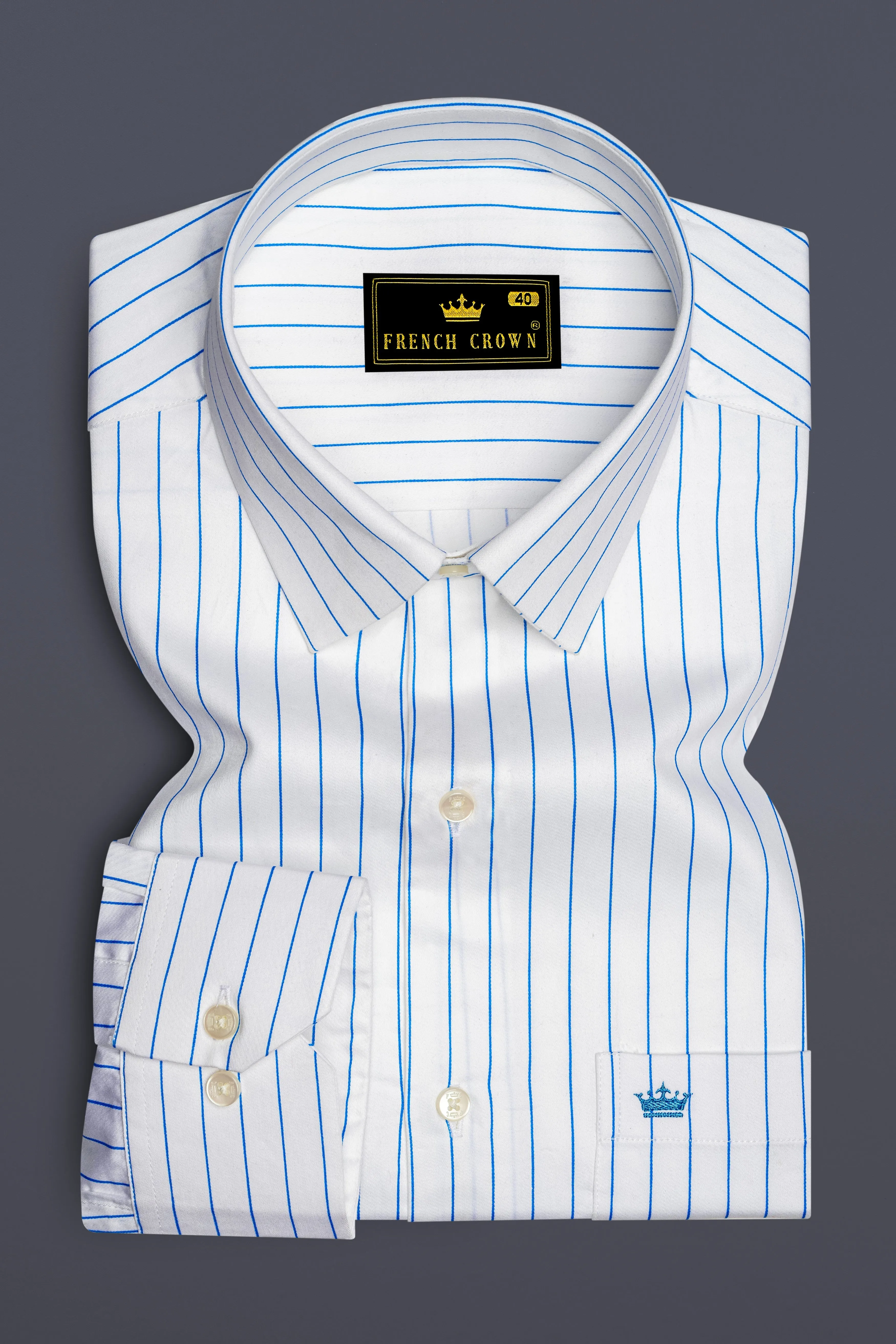 Azurline-Bright White And Havelock Blue Pin Striped Subtle Sheen Super Soft Premium Cotton Dress Shirt sold by French Crown product image thumbnail 4