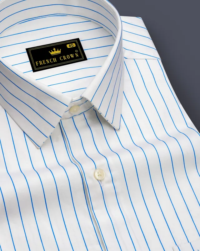 Azurline-Bright White And Havelock Blue Pin Striped Subtle Sheen Super Soft Premium Cotton Dress Shirt sold by French Crown