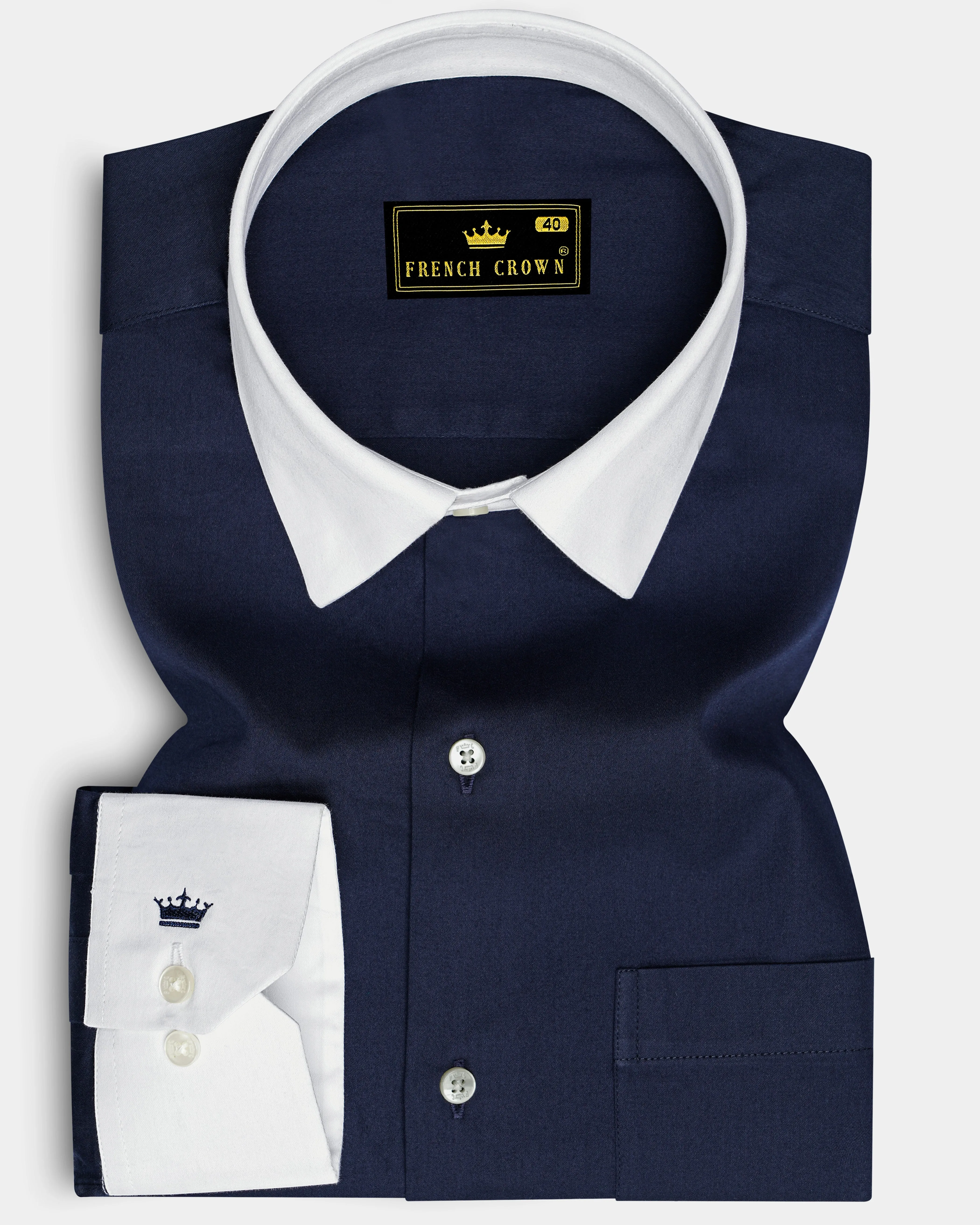 Bleunoir-Midnight Blue Subtle Sheen Super Soft Premium White Cuff Collar Dress Shirt sold by French Crown