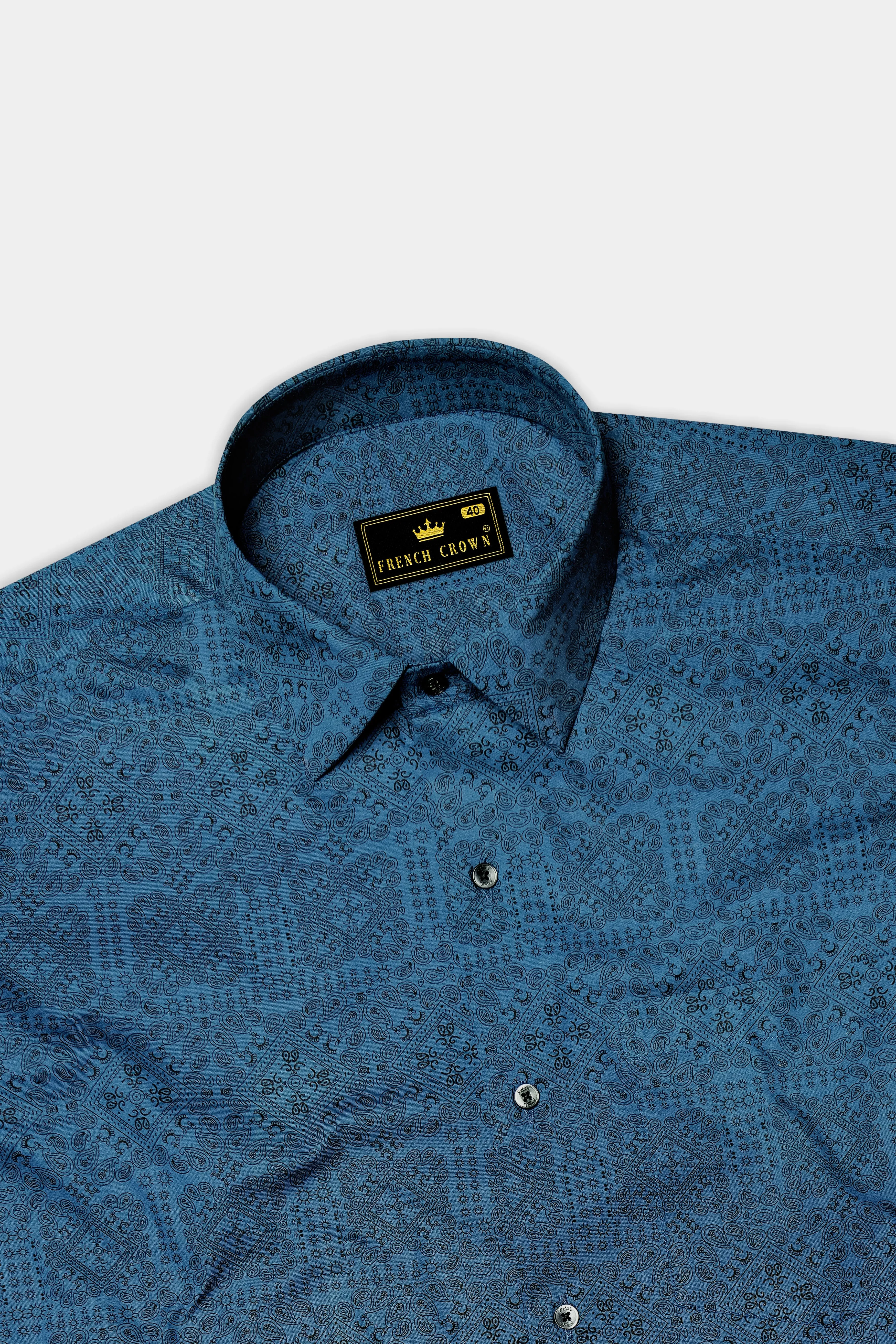 Azuron-Metallic Blue And Jade Black Paisley Printed Super Soft Premium Giza Cotton Casual Shirt sold by French Crown product image thumbnail 5
