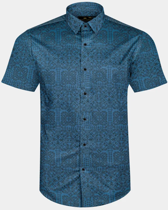 Azuron-Metallic Blue And Jade Black Paisley Printed Super Soft Premium Giza Cotton Casual Shirt made by French Crown