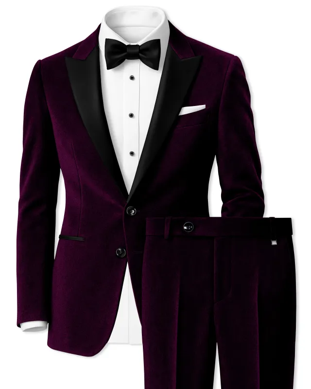 Merlot-Asphalt Wine Purple Velvet Peak Lapel Tuxedo Suit made by French Crown
