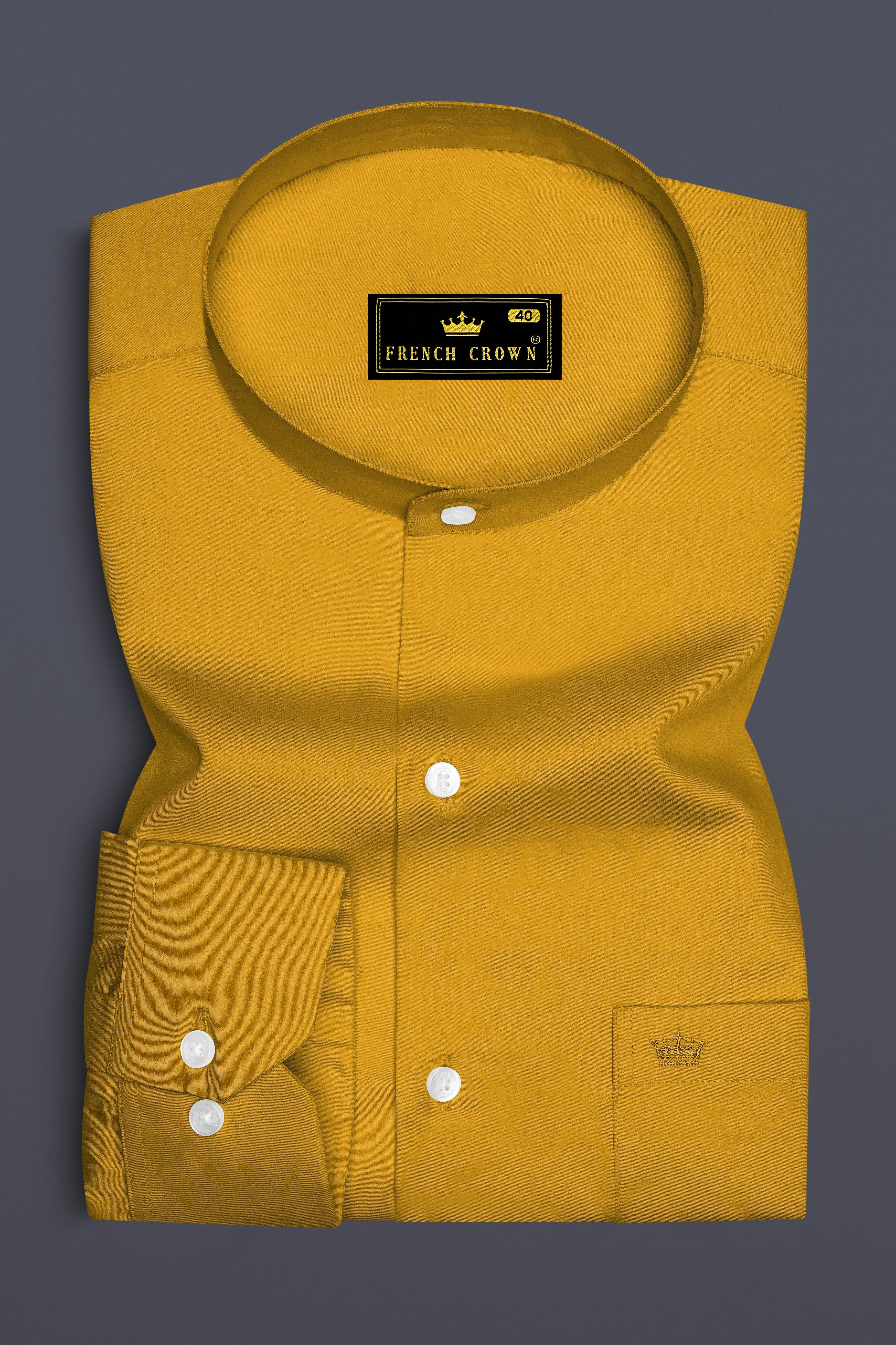 Solvoro-Ochre Yellow Subtle Sheen Super Soft Premium Cotton Mandarin Dress Shirt sold by French Crown product image thumbnail 4