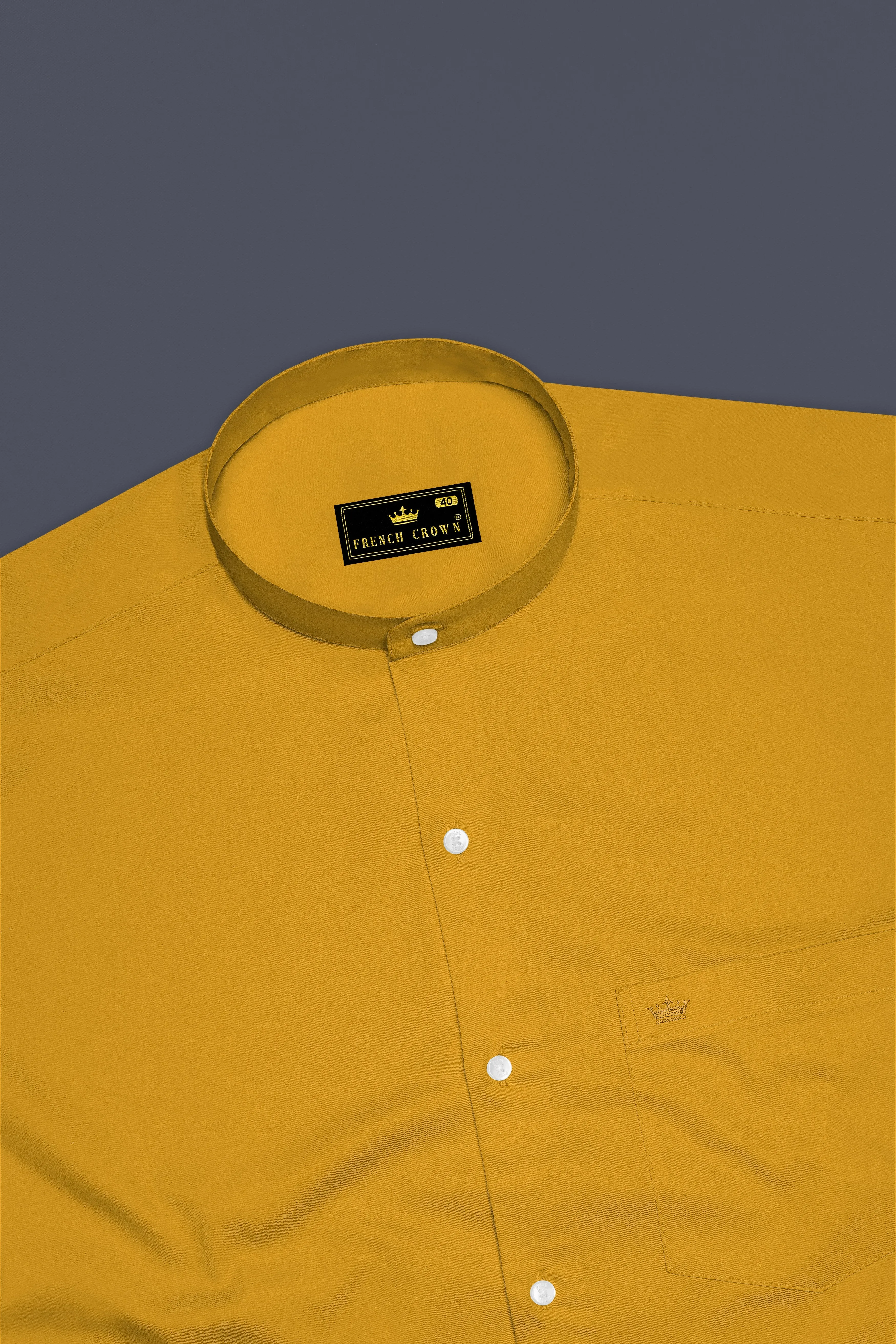 Solvoro-Ochre Yellow Subtle Sheen Super Soft Premium Cotton Mandarin Dress Shirt sold by French Crown product image thumbnail 5