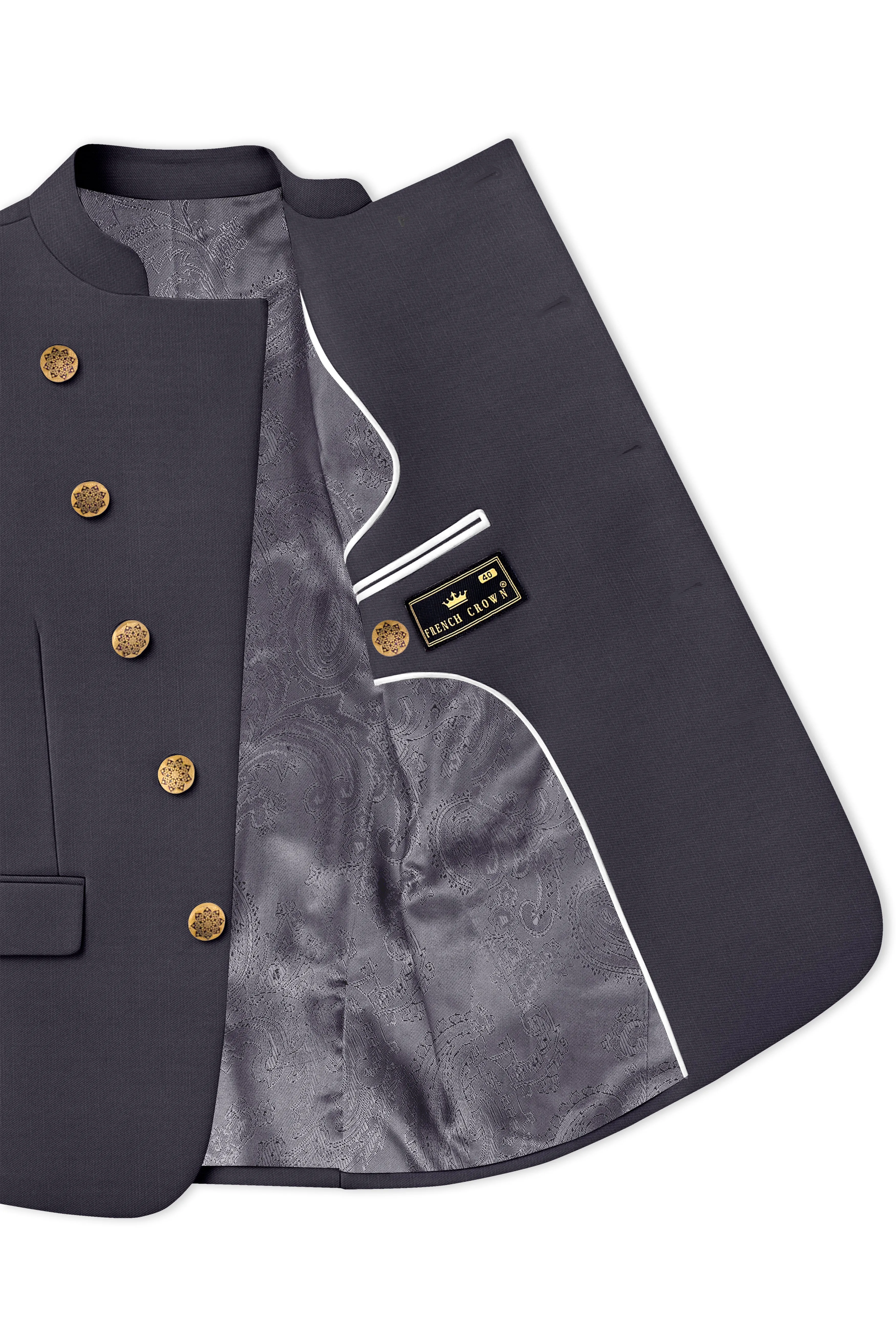 Sapphire-Glaucous Gray Solid Wool Rich Cross Placket Bandhgala Slight Stretch Blazer sold by French Crown product image thumbnail 4