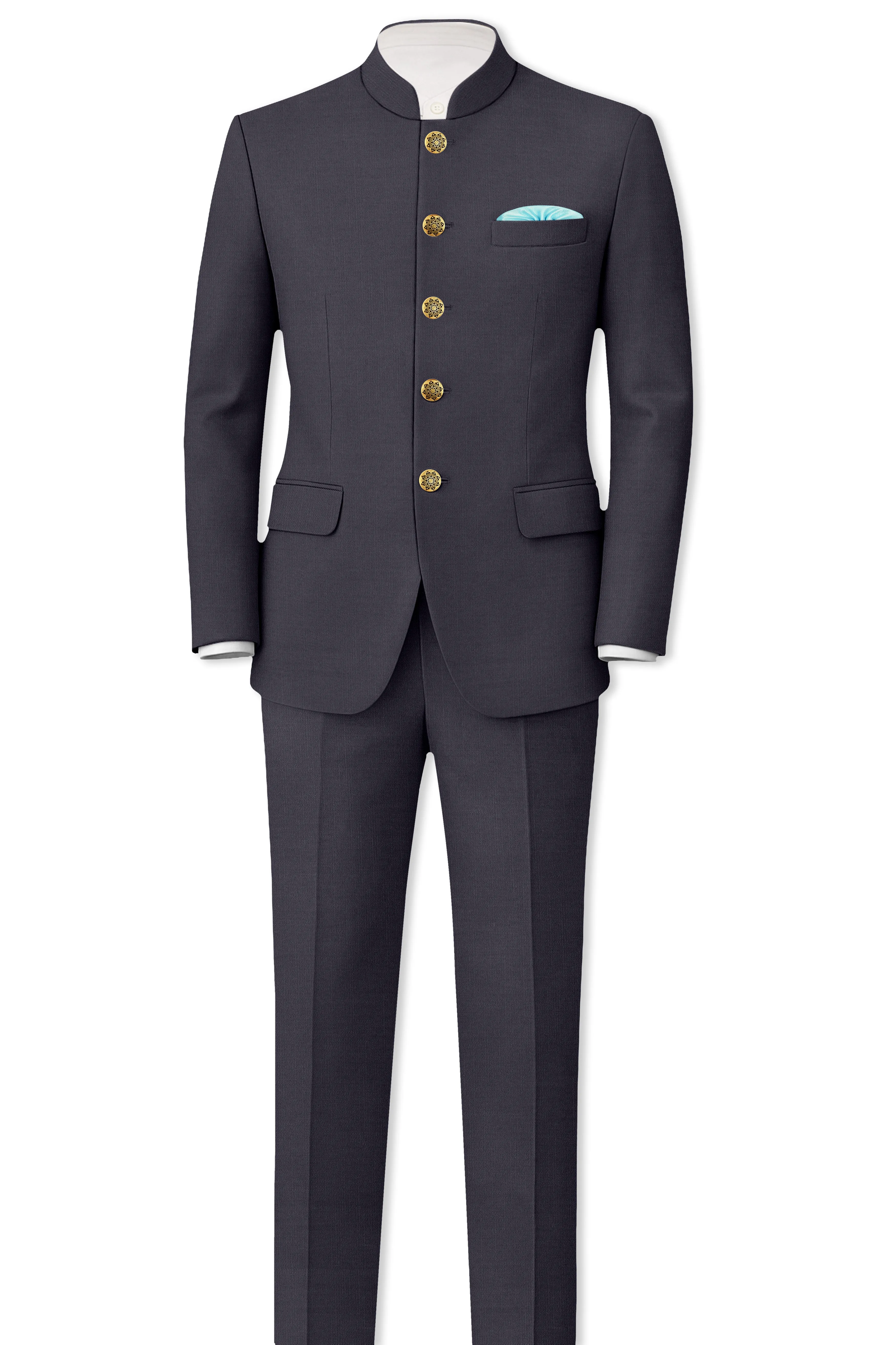 Sapphire-Glaucous Gray Solid Wool Rich Bandhgala Slight Stretch Suit sold by French Crown product image thumbnail 4