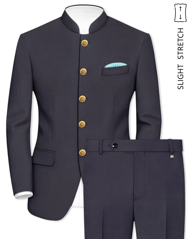 Sapphire-Glaucous Gray Solid Wool Rich Bandhgala Slight Stretch Suit sold by French Crown