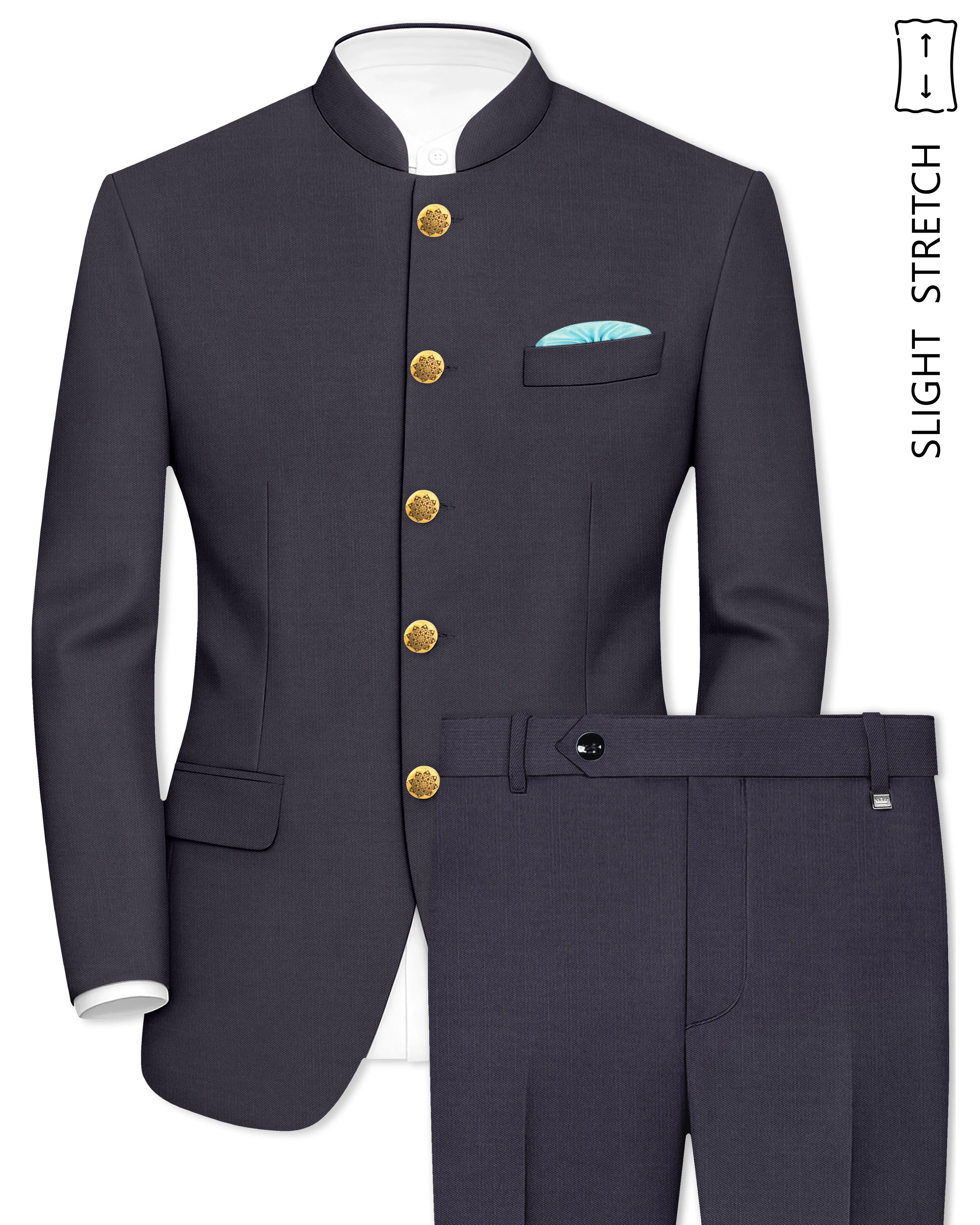 Sapphire-Glaucous Gray Solid Wool Rich Bandhgala Slight Stretch Suit sold by French Crown