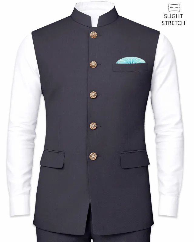 Sapphire-Glaucous Gray Solid Wool Rich Slight Stretch Nehru Jacket sold by French Crown