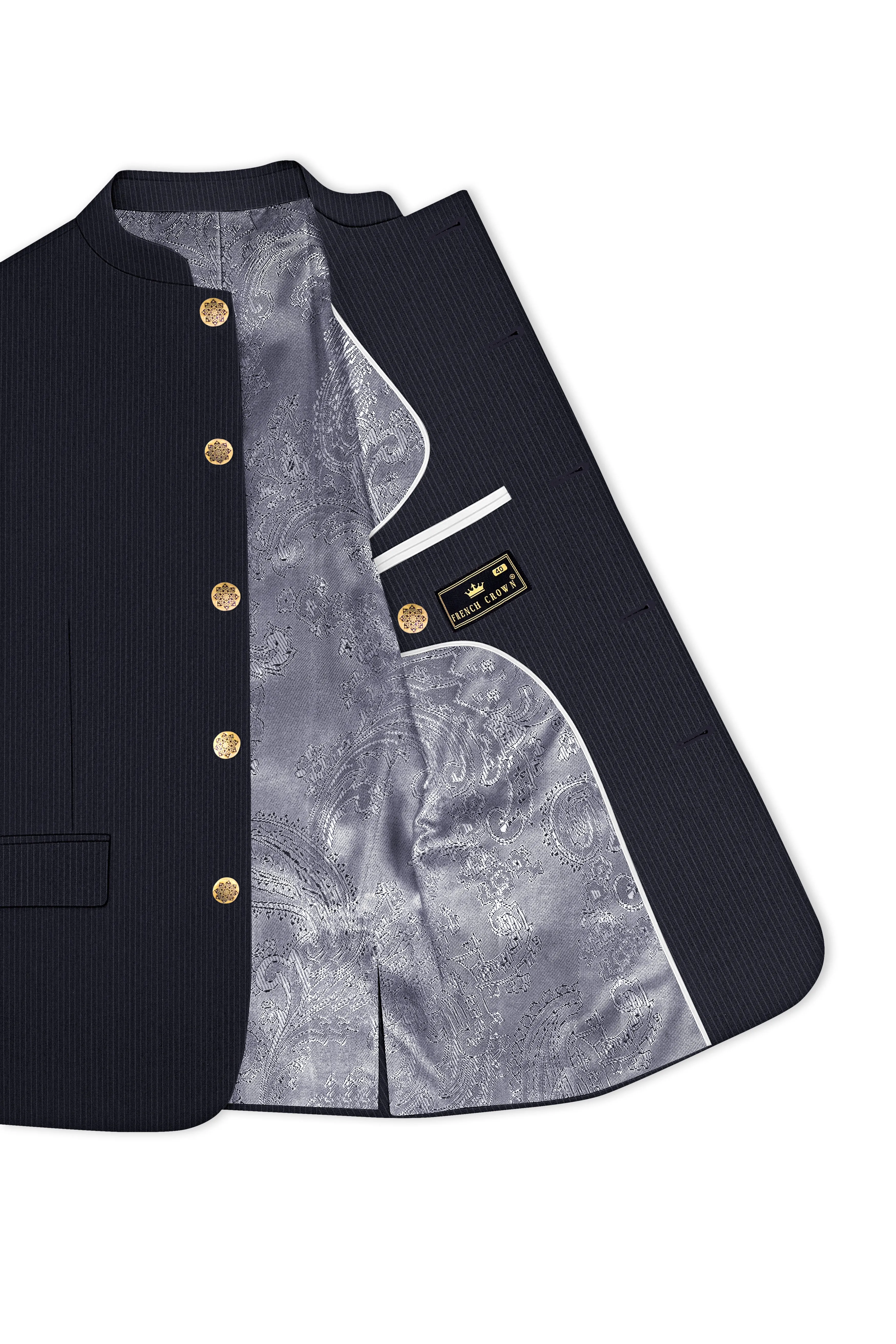 Cosmire-Space Blue Pencil Striped Wool Rich Bandhgala Slight Stretch Suit sold by French Crown product image thumbnail 5