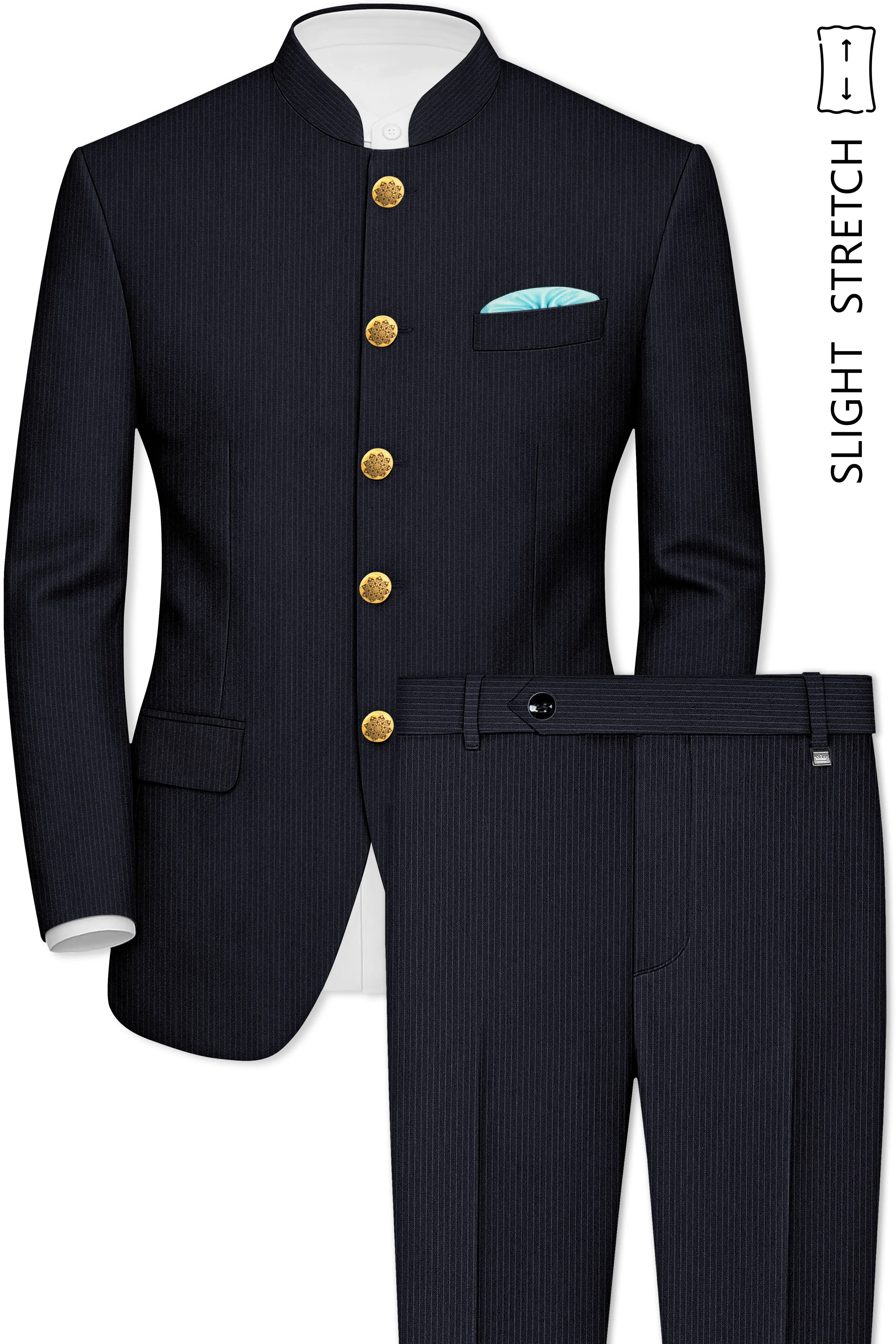 Cosmire-Space Blue Pencil Striped Wool Rich Bandhgala Slight Stretch Suit sold by French Crown product image thumbnail 2