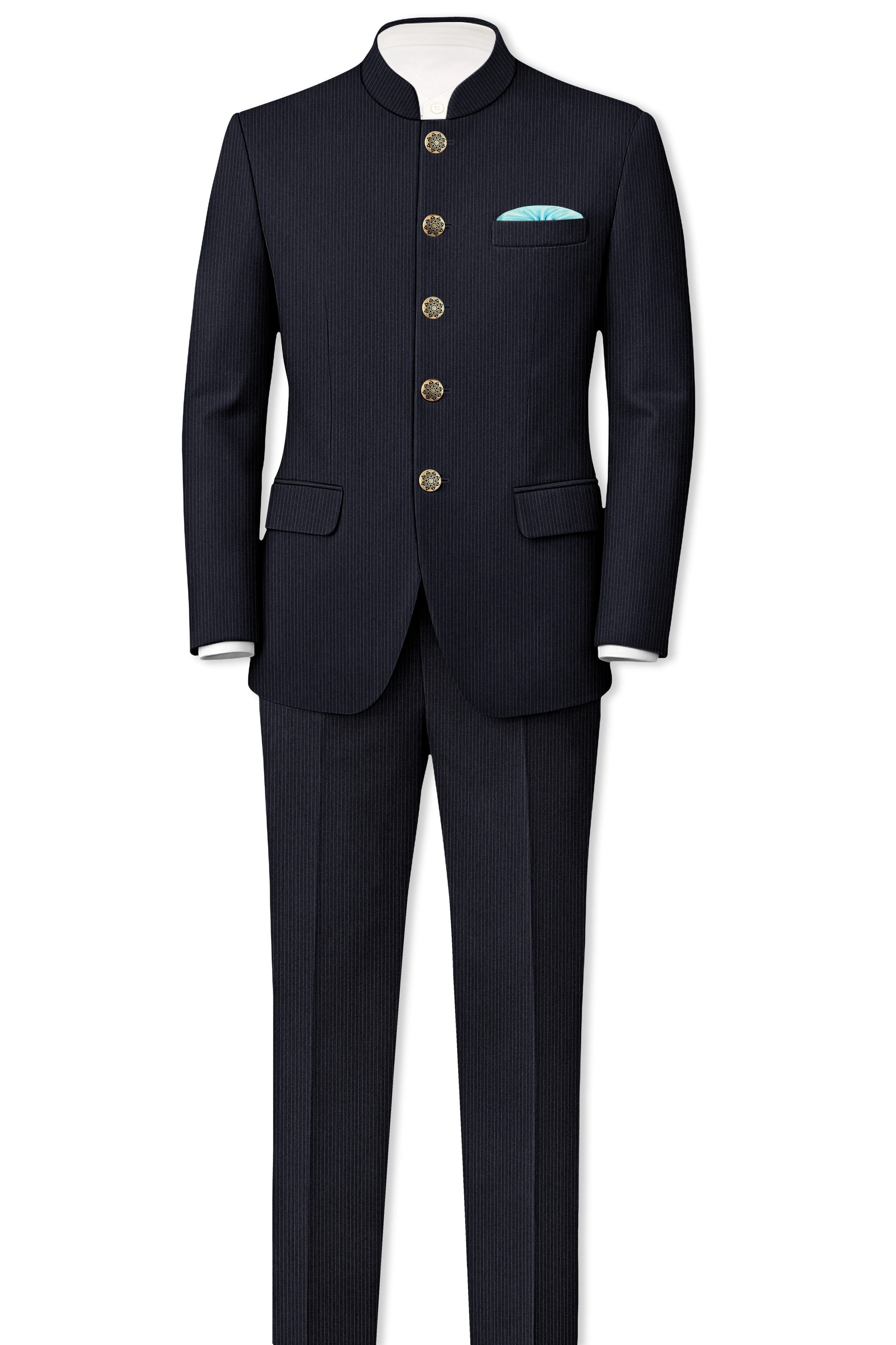 Cosmire-Space Blue Pencil Striped Wool Rich Bandhgala Slight Stretch Suit sold by French Crown product image thumbnail 4