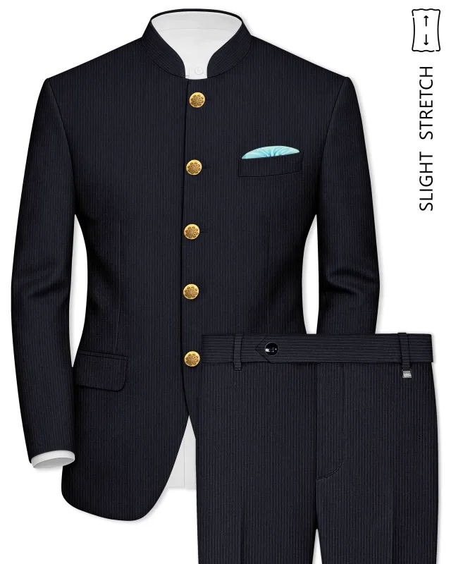Cosmire-Space Blue Pencil Striped Wool Rich Bandhgala Slight Stretch Suit sold by French Crown