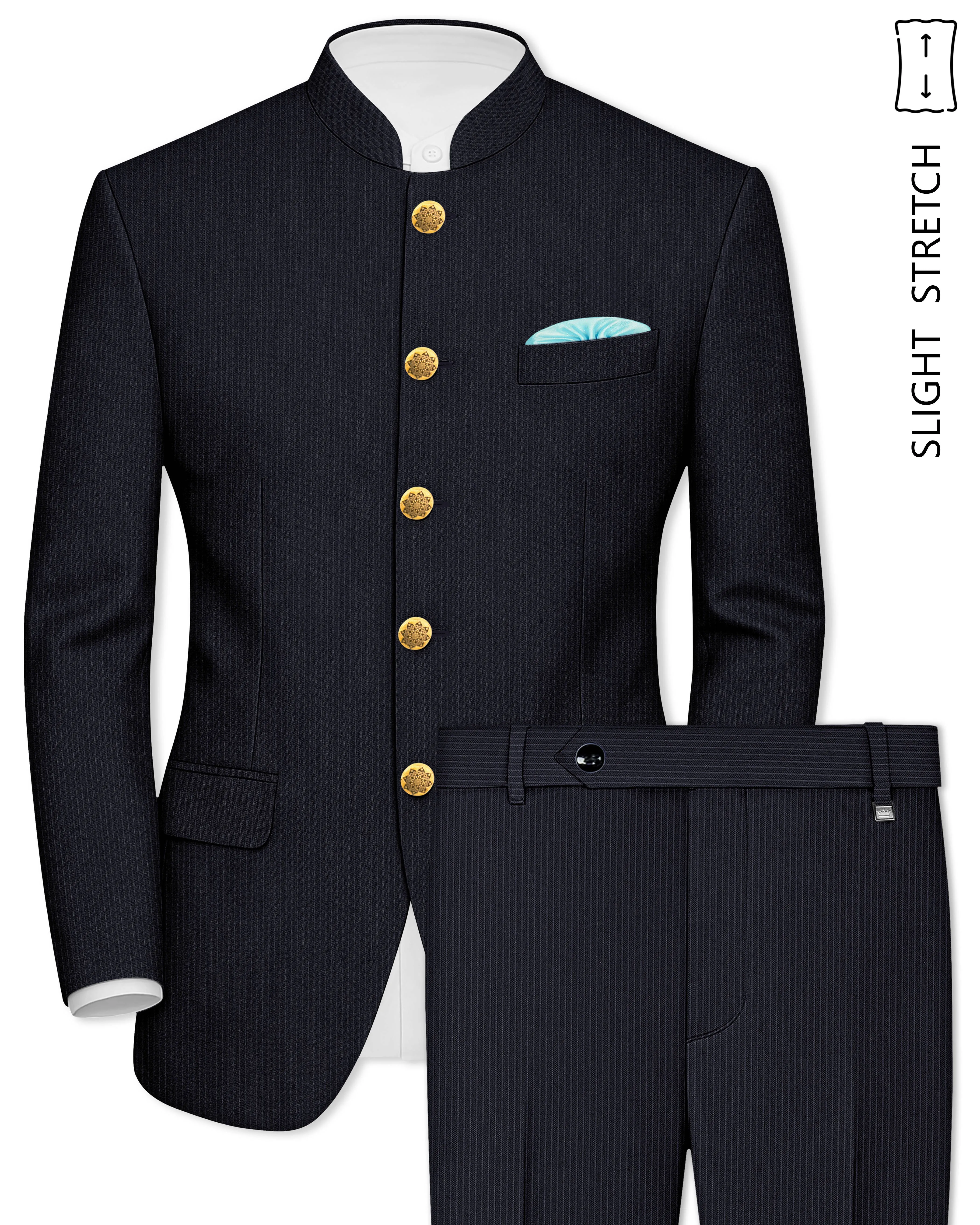 Cosmire-Space Blue Pencil Striped Wool Rich Bandhgala Slight Stretch Suit sold by French Crown