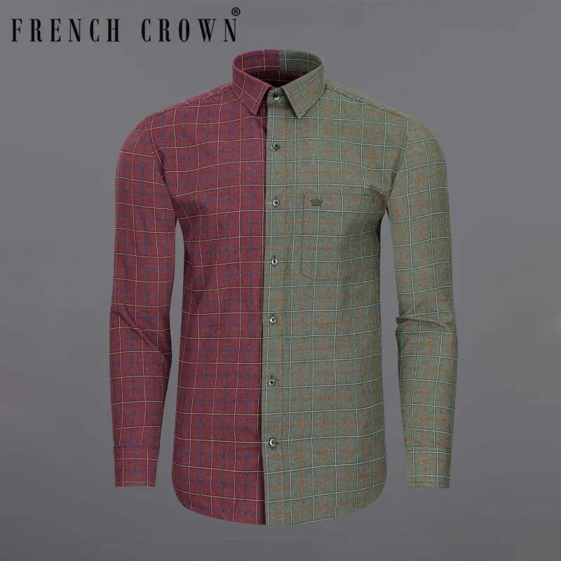 Copper Rust Red and Limed Ash Green Windowpane Dobby Textured Premium Giza Cotton Shirt sold by French Crown