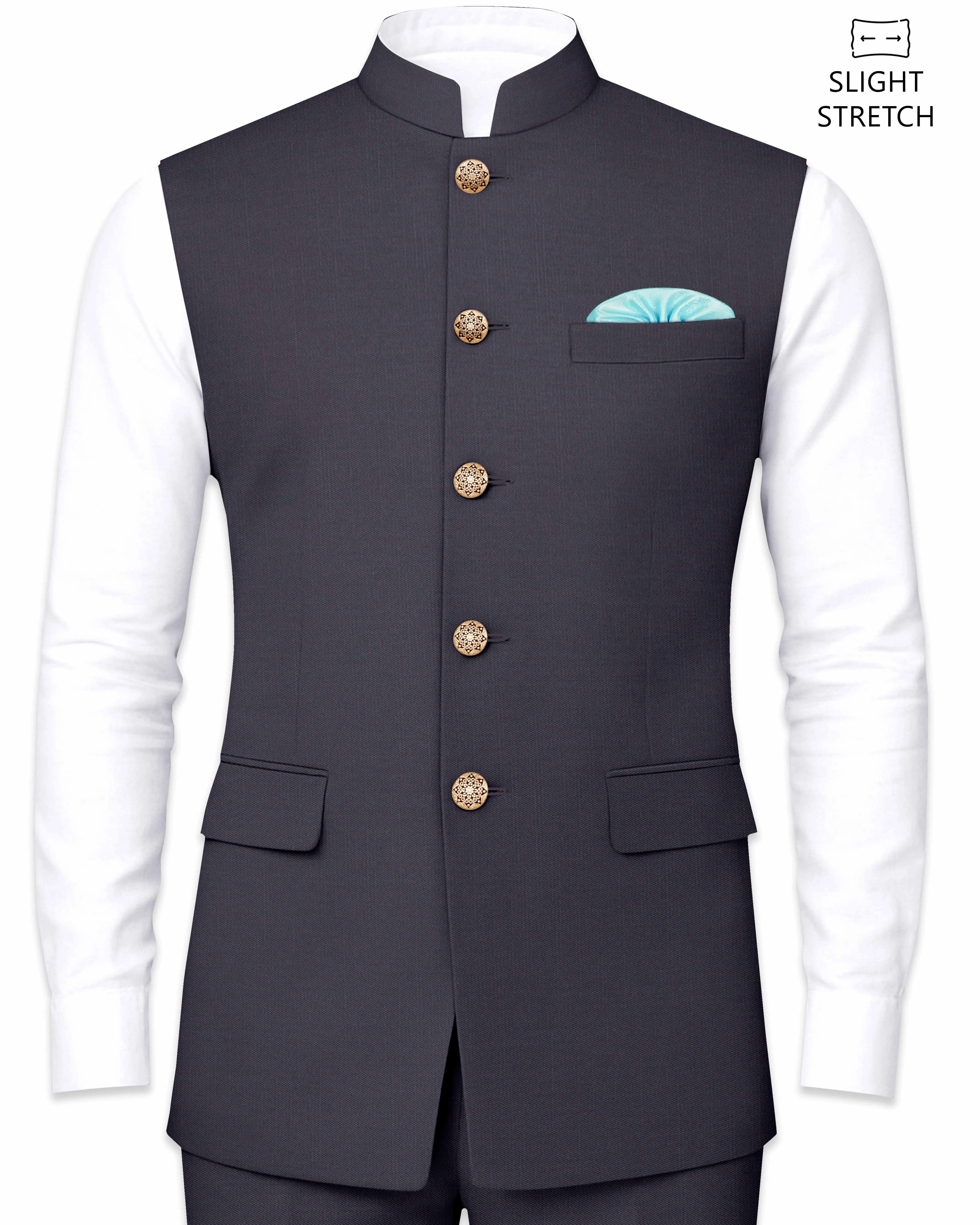 Vogue-Glaucous Gray Solid Wool Rich Slight Stretch Nehru Jacket sold by French Crown