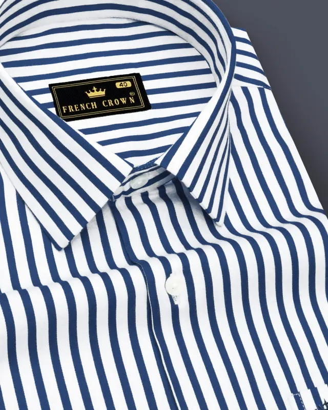 Sapphire-Lapis Blue And Bright White Candy Striped Subtle Sheen Super Soft Premium Cotton Dress Shirt made by French Crown