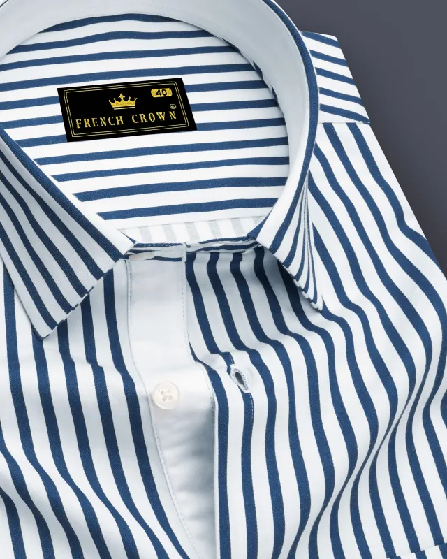 Sapphire-Lapis Blue And Bright White Candy Striped Subtle Sheen Soft Premium Cotton Dress Shirt made by French Crown